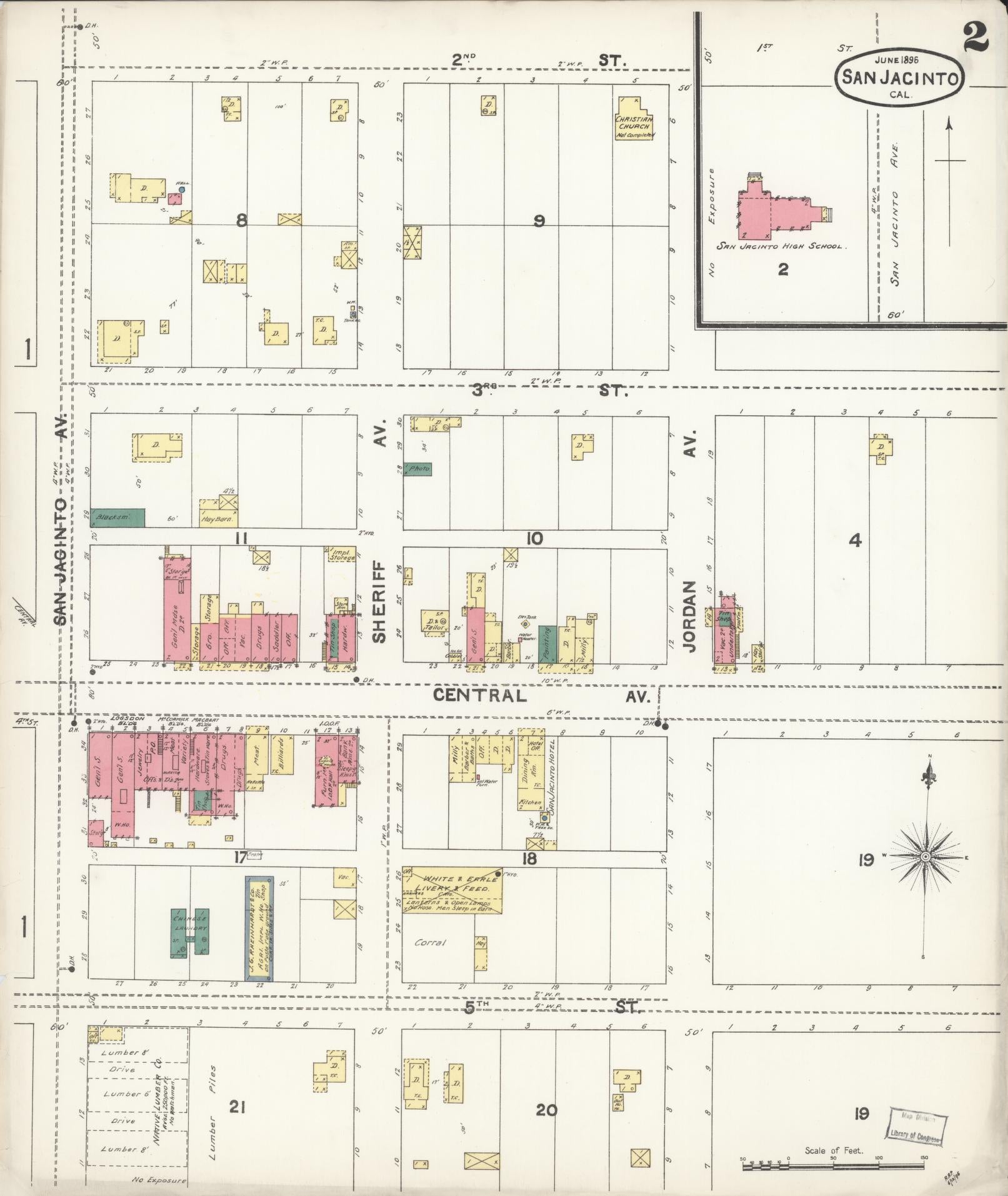 Sanborn Fire Insurance Map from San Jacinto, Riverside County, California (1896), Sheet #0002 - Complete Map Set gallery image, historic Sanborn map, vintage wall art, California California