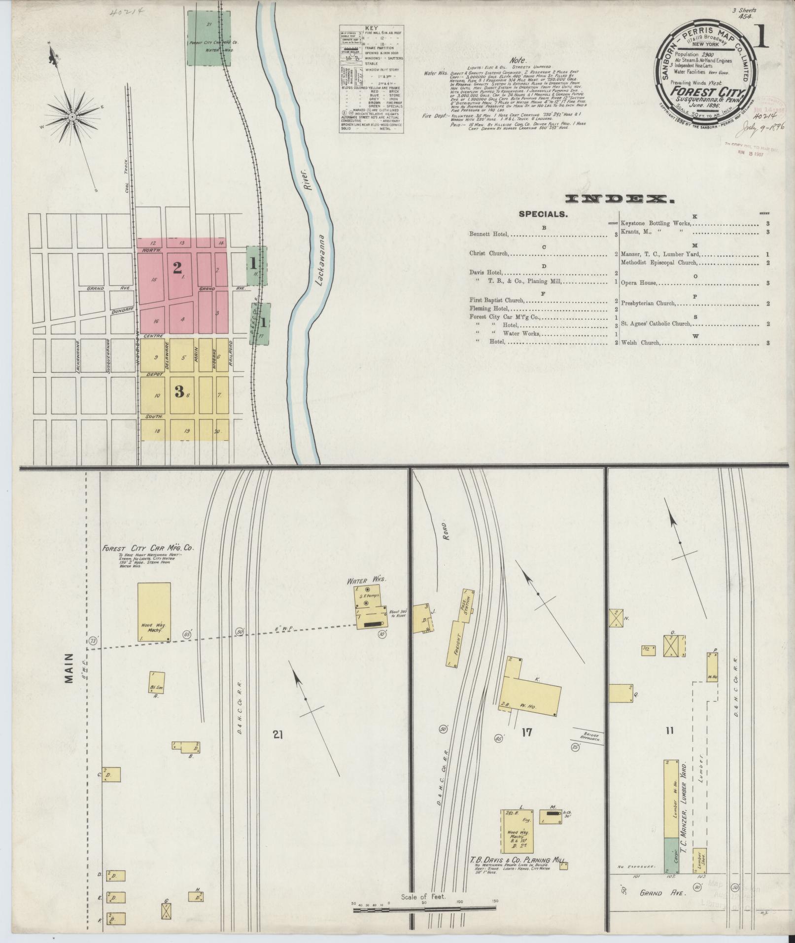 Sanborn Fire Insurance Map from Forest City, Susquehanna County, Pennsylvania (1896), Sheet #0001 - Historic Sanborn Fire Insurance Map Print, vintage old map wall art, antique decor, genealogy gift, Pennsylvania Pennsylvania map