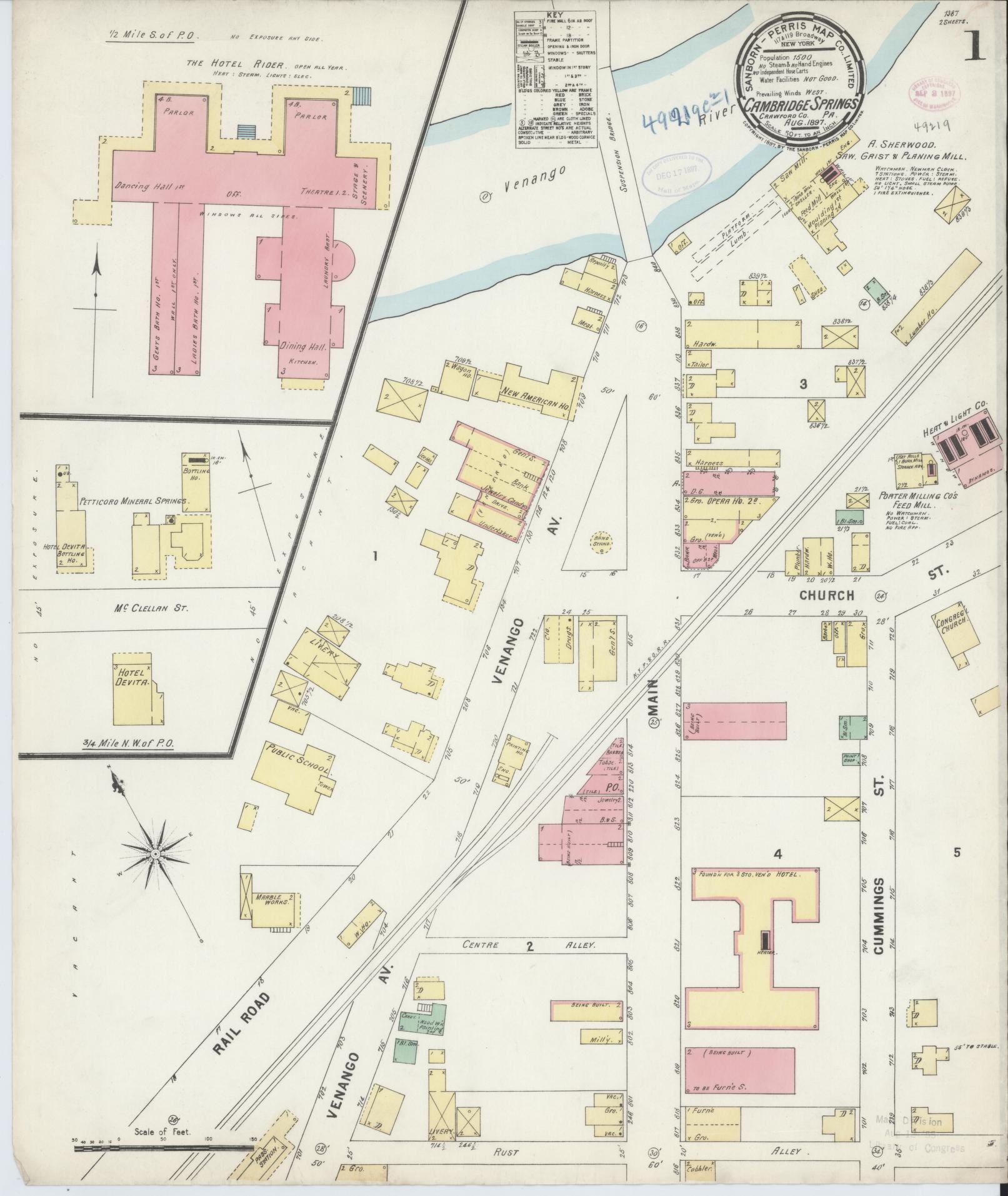 Sanborn Fire Insurance Map from Cambridge Springs, Crawford County, Pennsylvania (1897), Sheet #0001 - Historic Sanborn Fire Insurance Map Print, vintage old map wall art, antique decor, genealogy gift, Pennsylvania Pennsylvania map