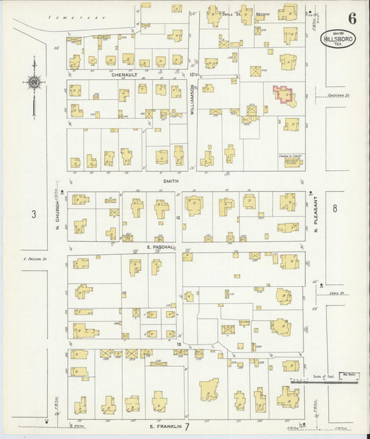 Sanborn Fire Insurance Map from Hillsboro, Hill County, Texas (1911), Sheet #0006 - Historic Sanborn Fire Insurance Map Print, vintage old map wall art, antique decor, genealogy gift, Texas Texas map