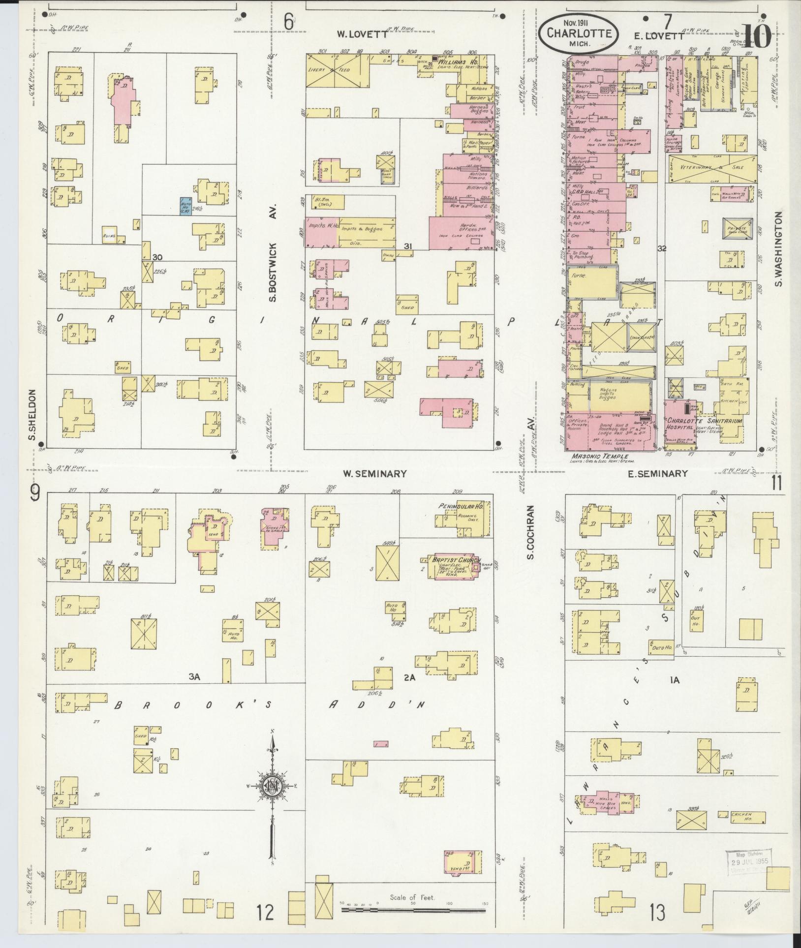 Sanborn Fire Insurance Map from Charlotte, Eaton County, Michigan (1911), Sheet #0010 - Historic Sanborn Fire Insurance Map Print, vintage old map wall art, antique decor, genealogy gift, Michigan Michigan map