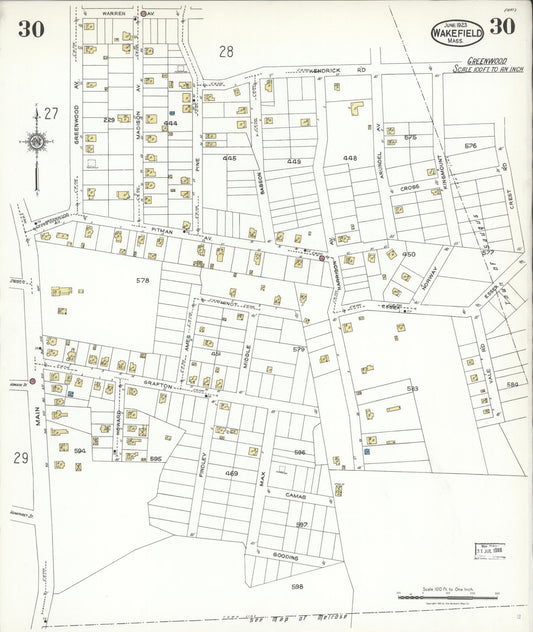 Sanborn Fire Insurance Map from Wakefield, Middlesex County, Massachusetts (1923), Sheet #0030 - Historic Sanborn Fire Insurance Map Print, vintage old map wall art, antique decor, genealogy gift, Massachusetts Massachusetts map