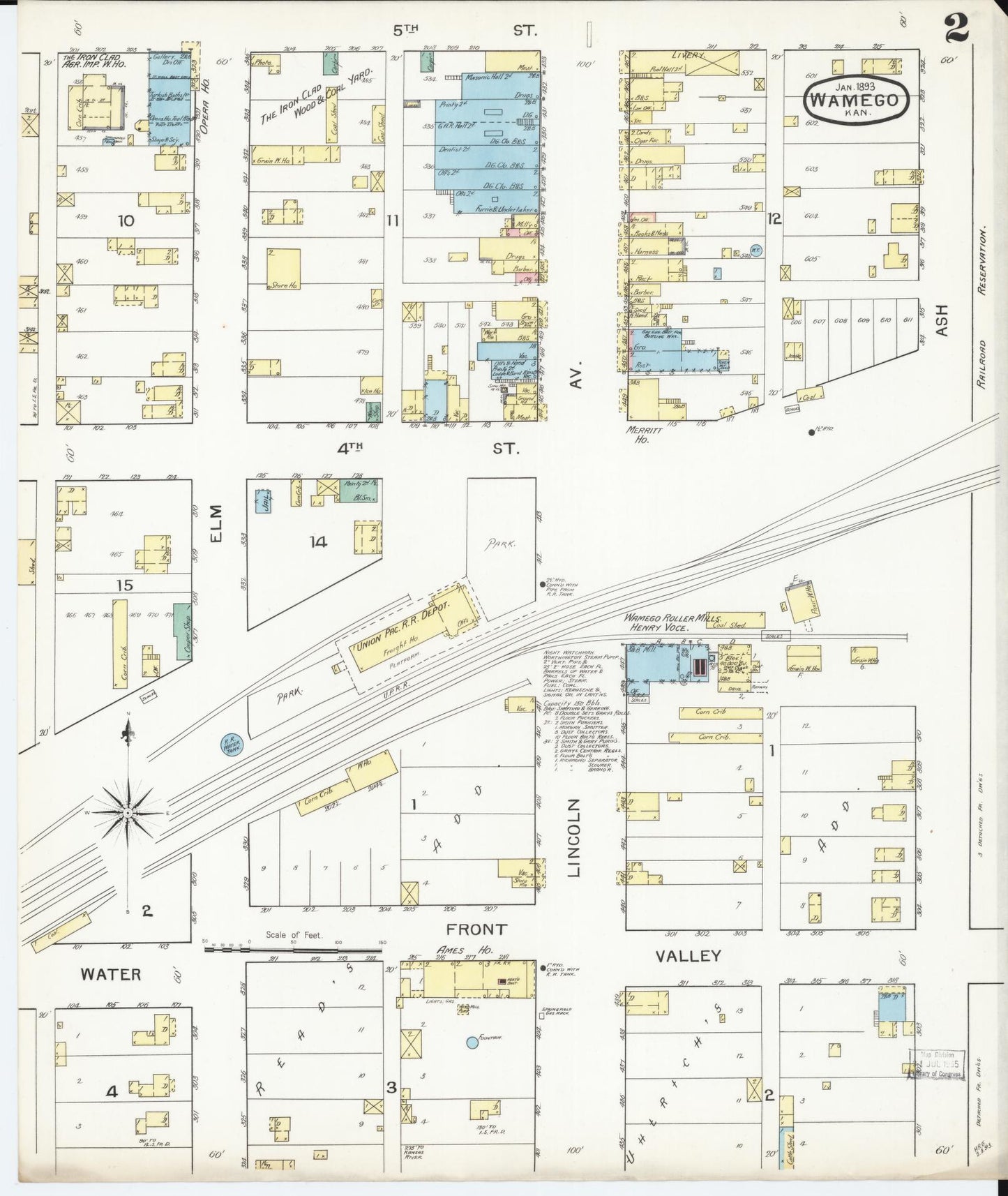 Sanborn Fire Insurance Map from Wamego, Pottawatomie County, Kansas (1892), Sheet #0002 - Complete Map Set gallery image, historic Sanborn map, vintage wall art, Kansas Kansas