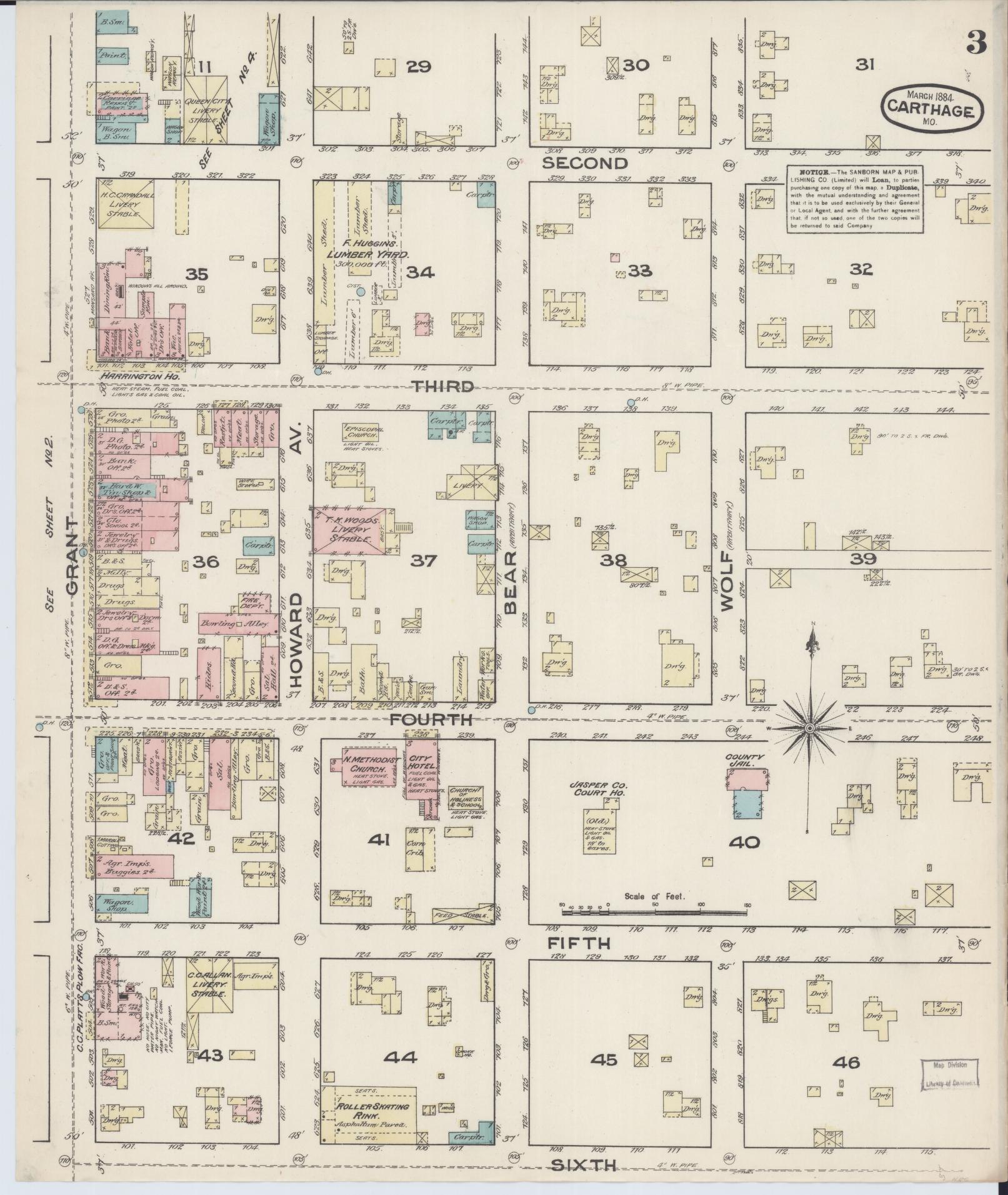 Sanborn Fire Insurance Map from Carthage, Jasper County, Missouri (1884), Sheet #0003 - Complete Map Set gallery image, historic Sanborn map, vintage wall art, Missouri Missouri