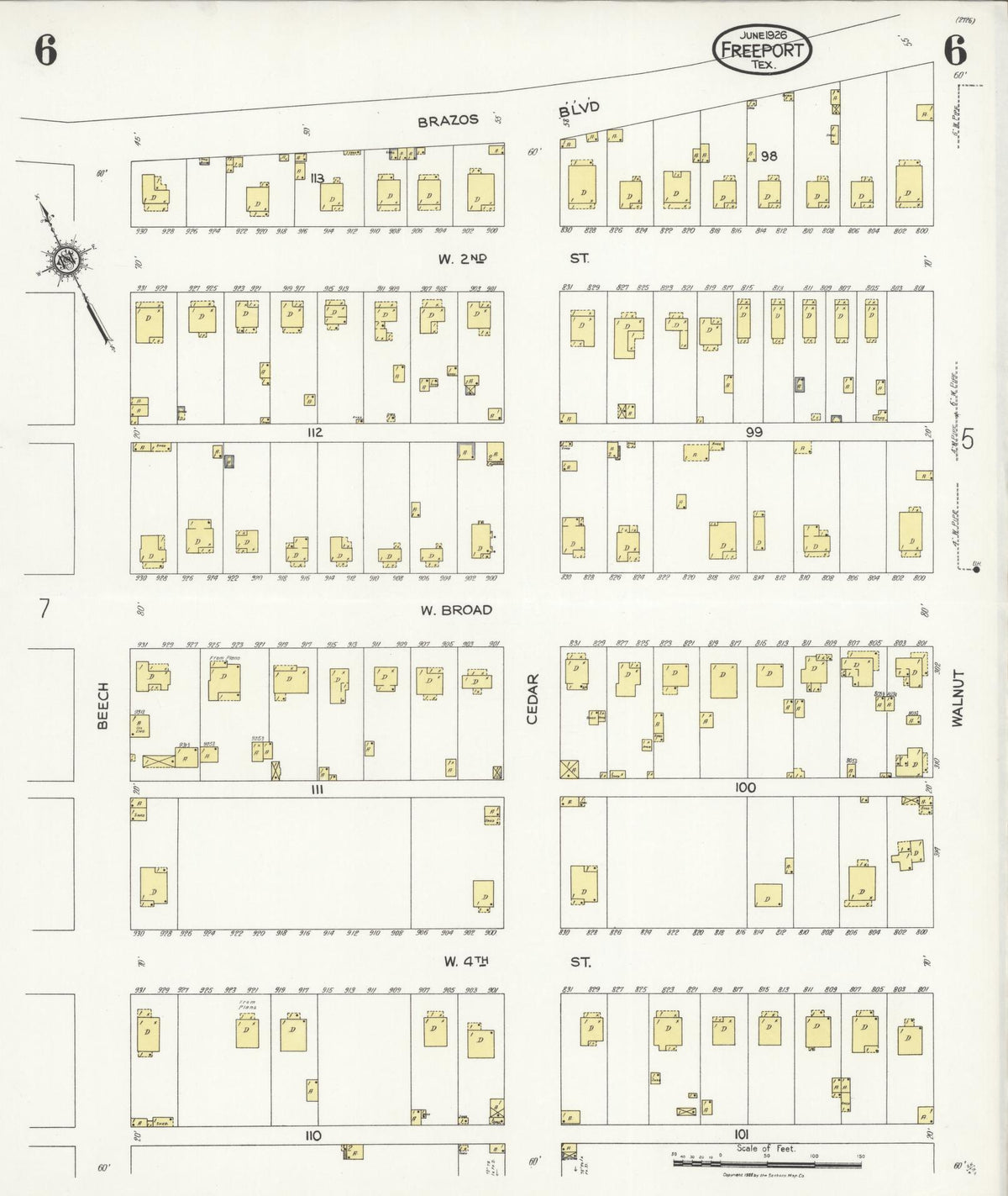 Sanborn Fire Insurance Map from Freeport, Brazoria County, Texas (1926), Sheet #0006 - Historic Sanborn Fire Insurance Map Print, vintage old map wall art, antique decor, genealogy gift, Texas Texas map