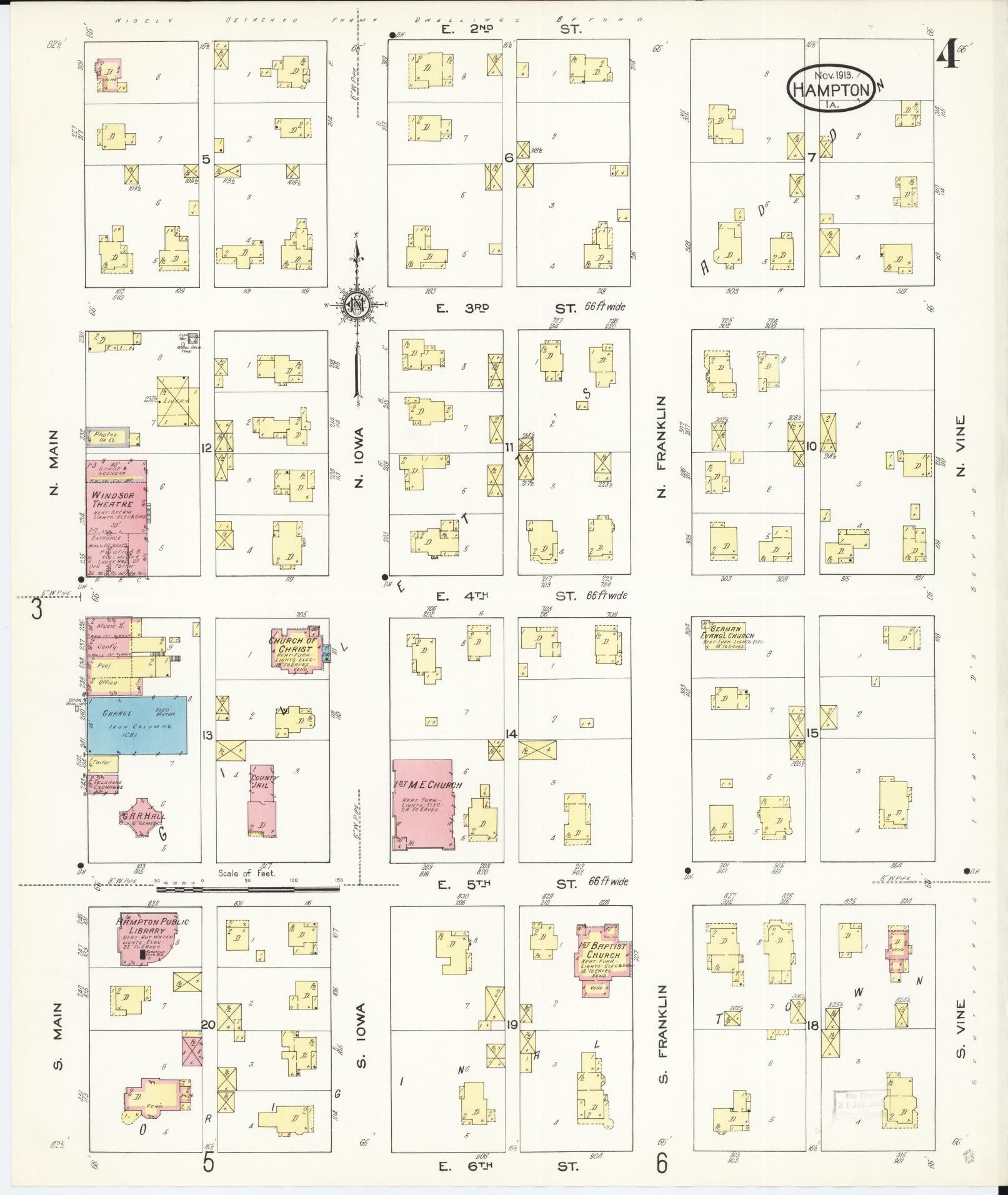 Sanborn Fire Insurance Map from Hampton, Franklin County, Iowa (1913), Sheet #0004 - Historic Sanborn Fire Insurance Map Print, vintage old map wall art