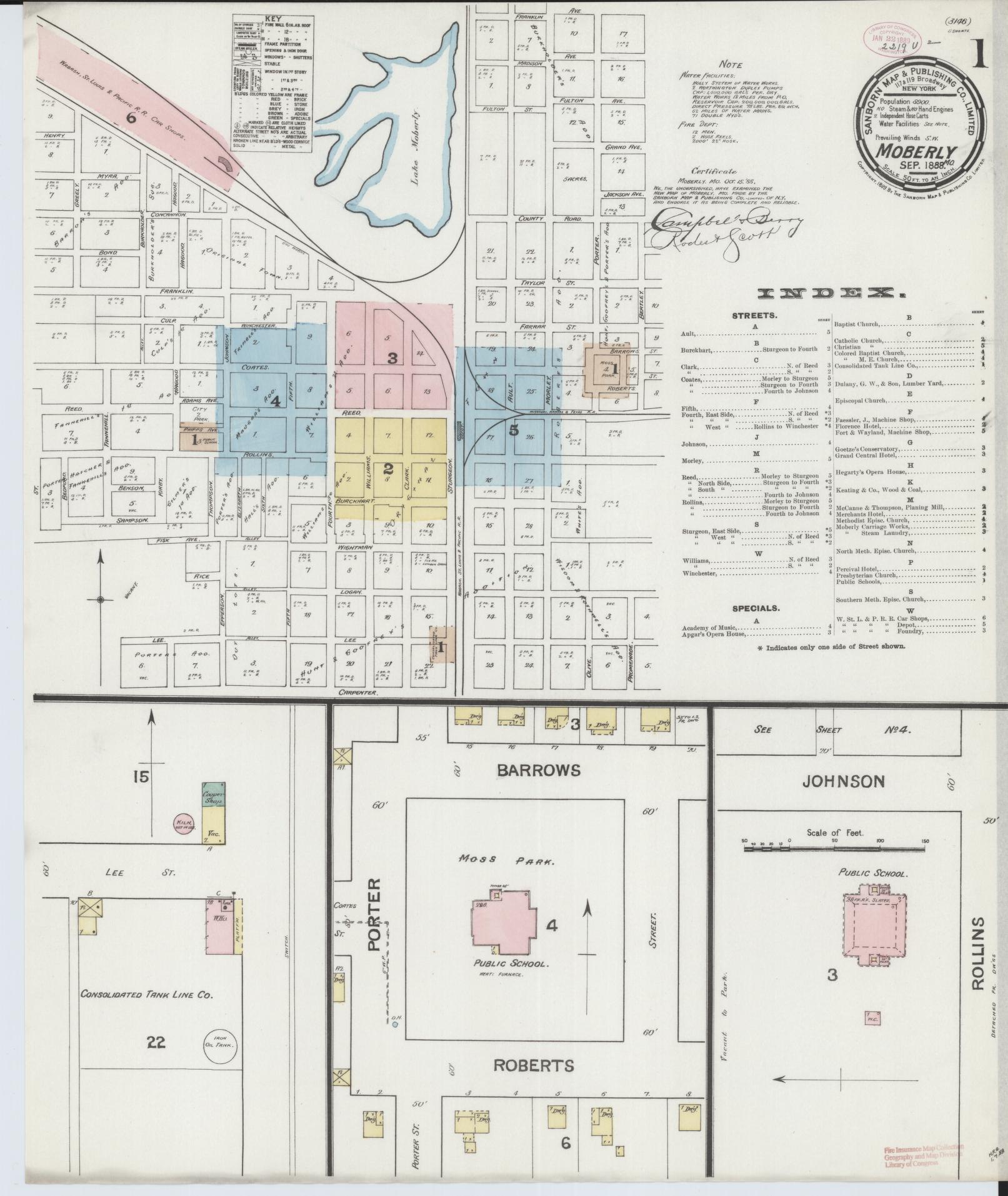 Sanborn Fire Insurance Map from Moberly, Randolph County, Missouri (1888), Sheet #0001 - Historic Sanborn Fire Insurance Map Print, vintage old map wall art, antique decor, genealogy gift, Missouri Missouri map