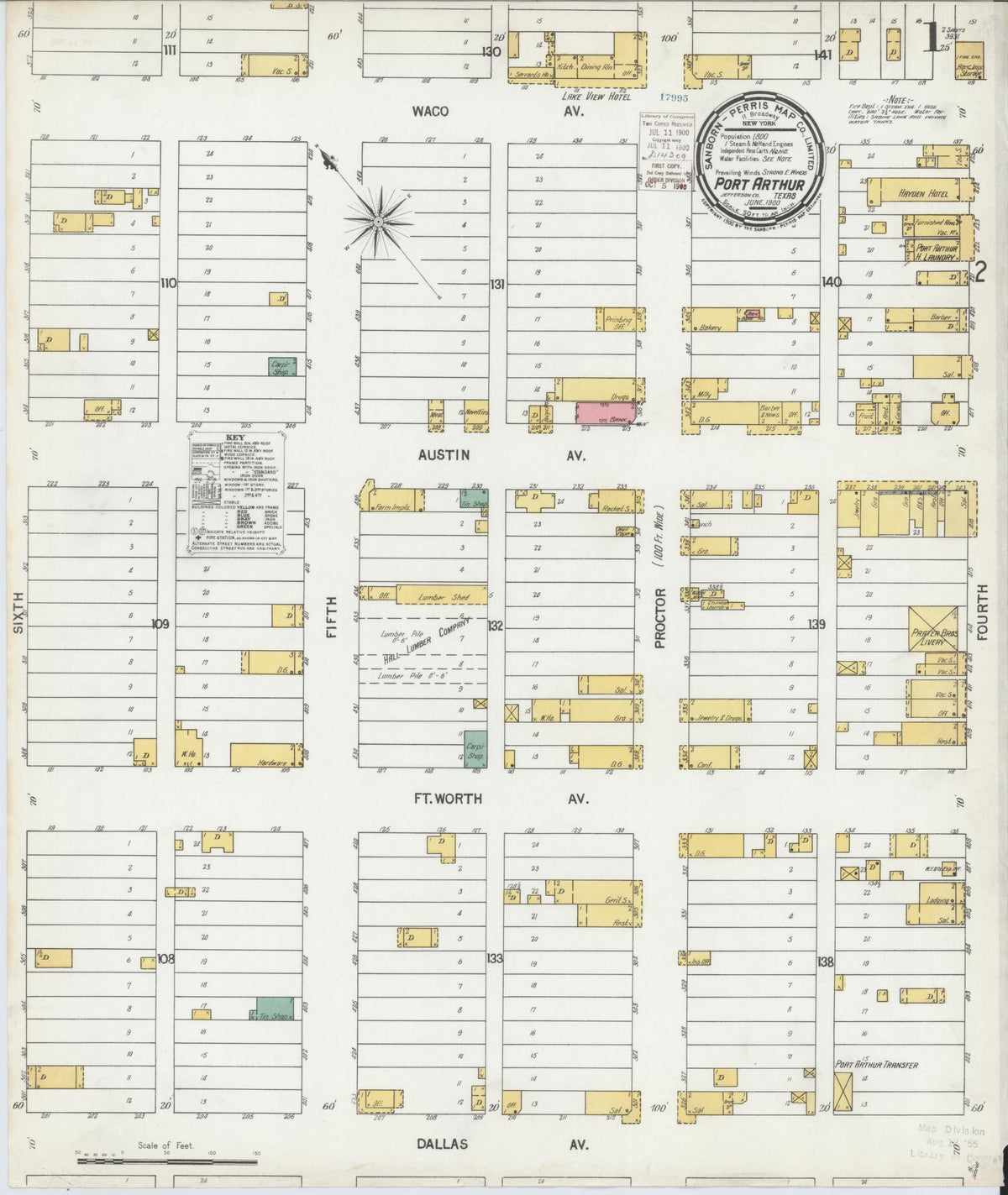 Sanborn Fire Insurance Map from Port Arthur, Jefferson County, Texas (1900), Sheet #0001 - Historic Sanborn Fire Insurance Map Print, vintage old map wall art, antique decor, genealogy gift, Texas Texas map