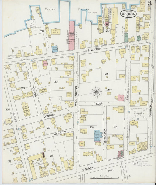Sanborn Fire Insurance Map from Warren, Bristol County, Rhode Island (1887), Sheet #0003 - Historic Sanborn Fire Insurance Map Print, vintage old map wall art, antique decor, genealogy gift, Rhode Island Rhode Island map