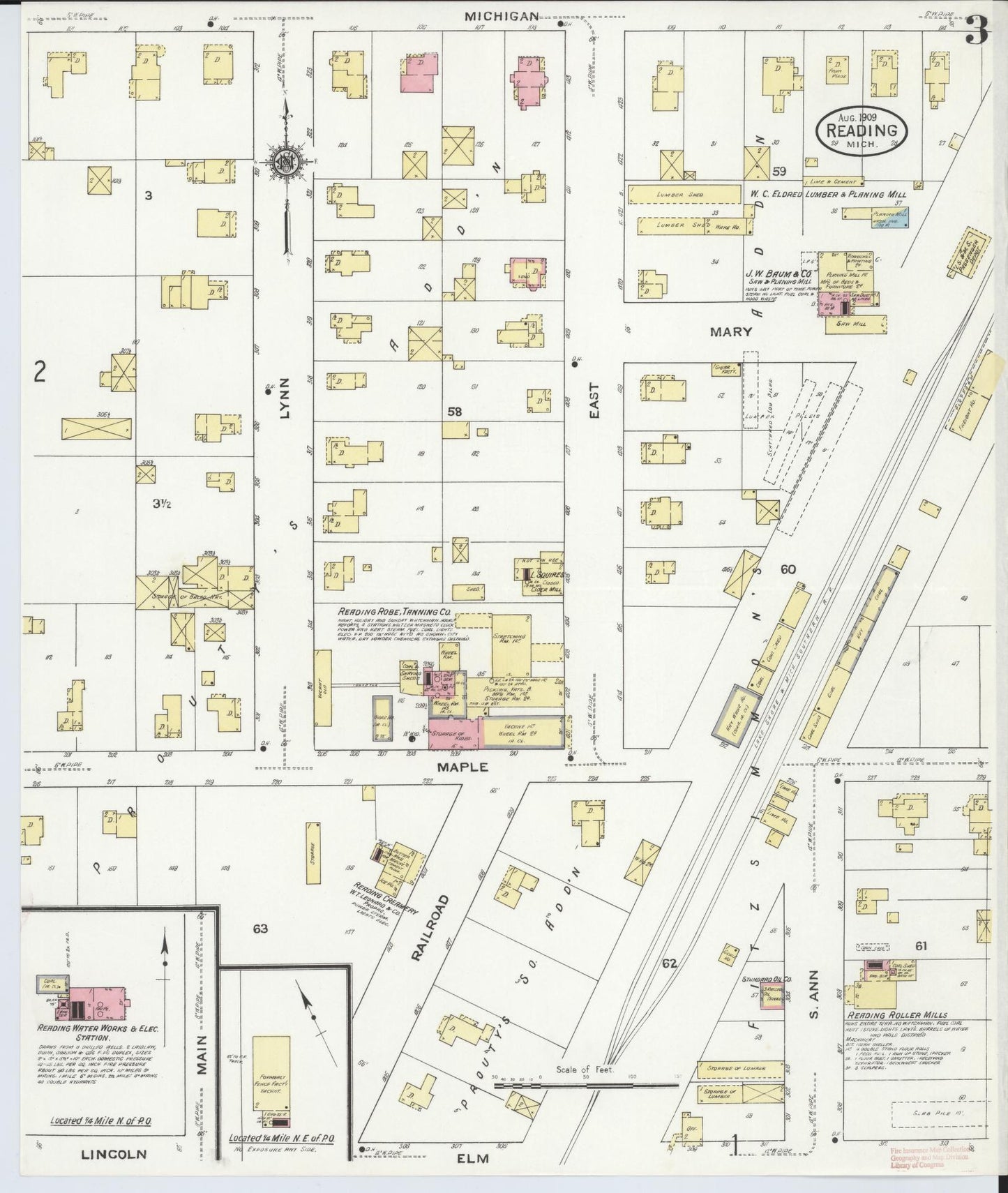 Sanborn Fire Insurance Map from Reading, Hillsdale County, Michigan (1909), Sheet #0003 - Complete Map Set gallery image, historic Sanborn map, vintage wall art, Michigan Michigan