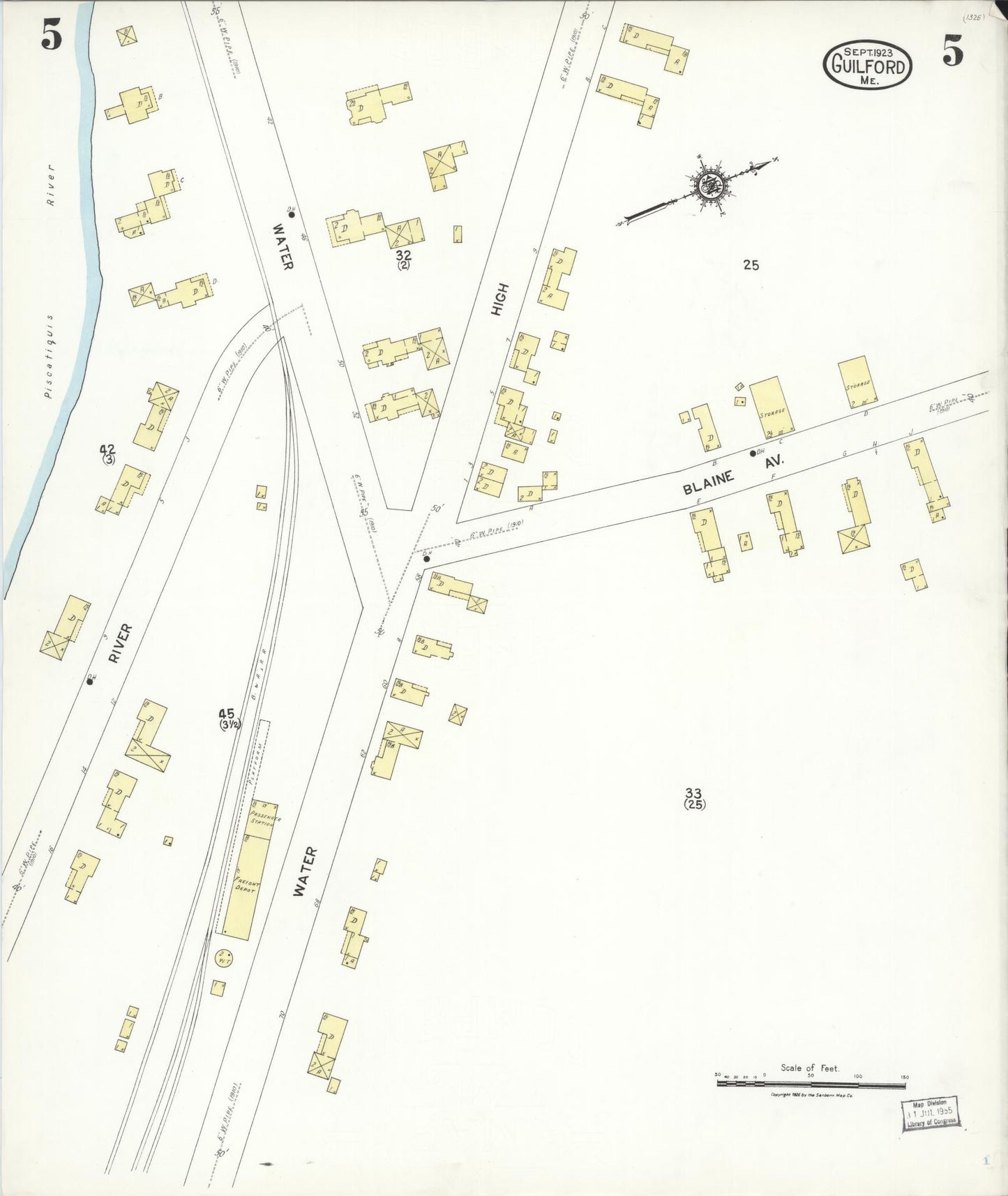 Sanborn Fire Insurance Map from Guilford, Piscataquis County, Maine (1923), Sheet #0005 - Historic Sanborn Fire Insurance Map Print, vintage old map wall art, antique decor, genealogy gift, Maine Maine map