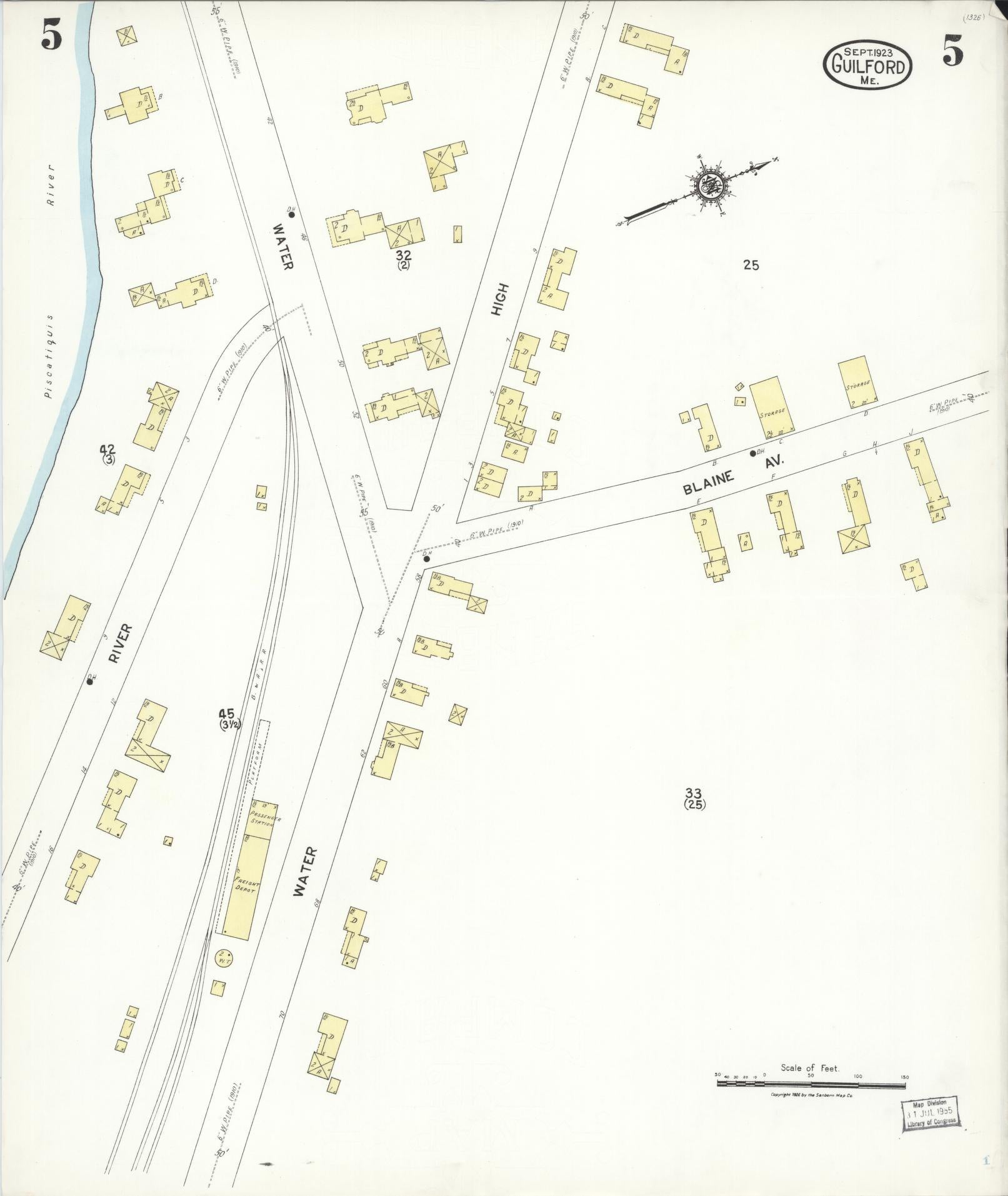 Sanborn Fire Insurance Map from Guilford, Piscataquis County, Maine (1923), Sheet #0005 - Historic Sanborn Fire Insurance Map Print, vintage old map wall art, antique decor, genealogy gift, Maine Maine map
