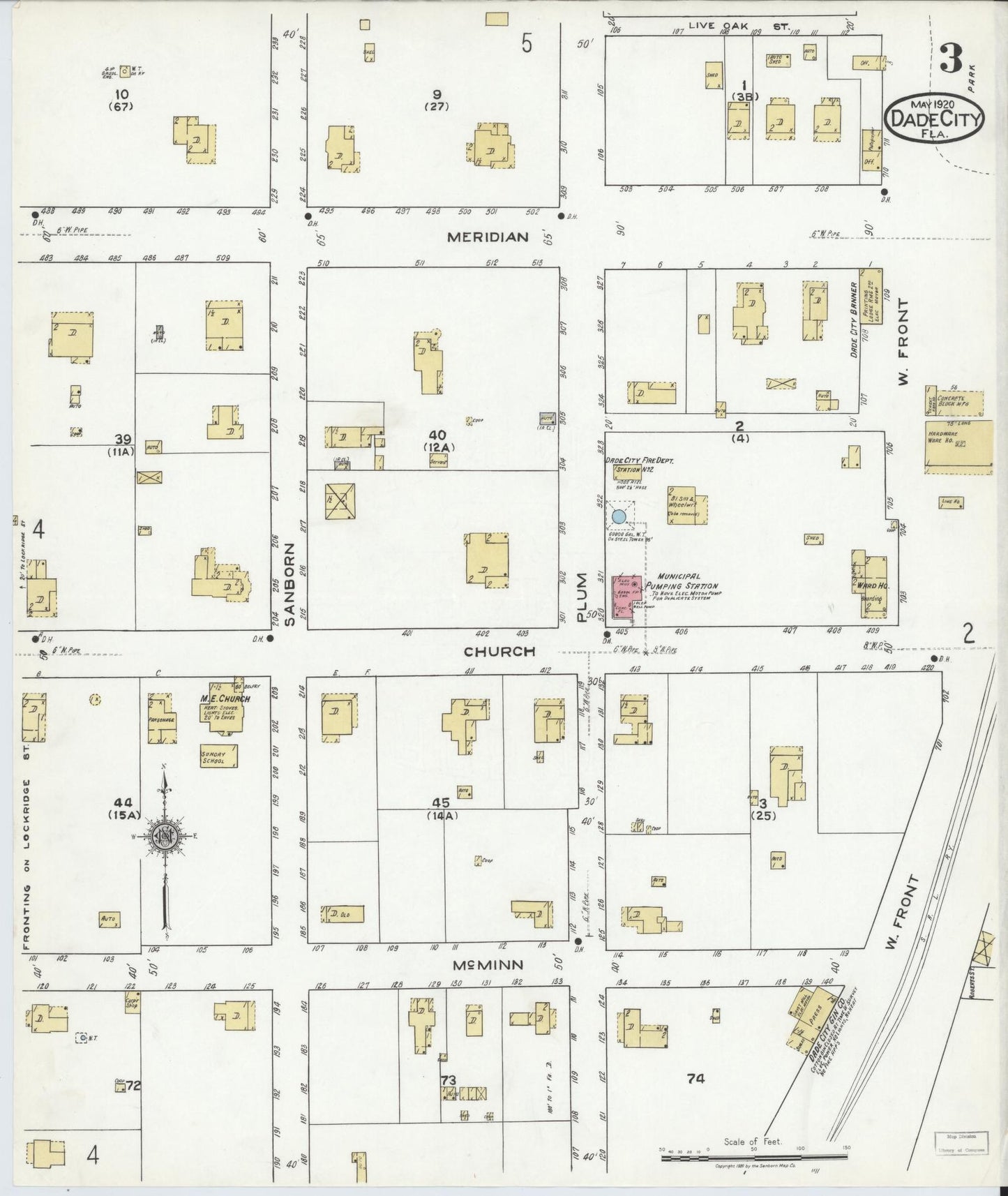 Sanborn Fire Insurance Map from Dade City, Pasco County, Florida (1920), Sheet #0003 - Complete Map Set gallery image, historic Sanborn map, vintage wall art, Florida Florida