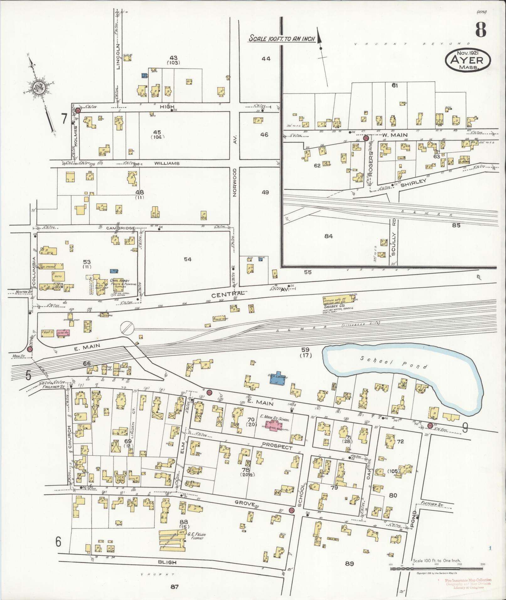 Sanborn Fire Insurance Map from Ayer, Middlesex County, Massachusetts (1921), Sheet #0008 - Historic Sanborn Fire Insurance Map Print, vintage old map wall art, antique decor, genealogy gift, Massachusetts Massachusetts map
