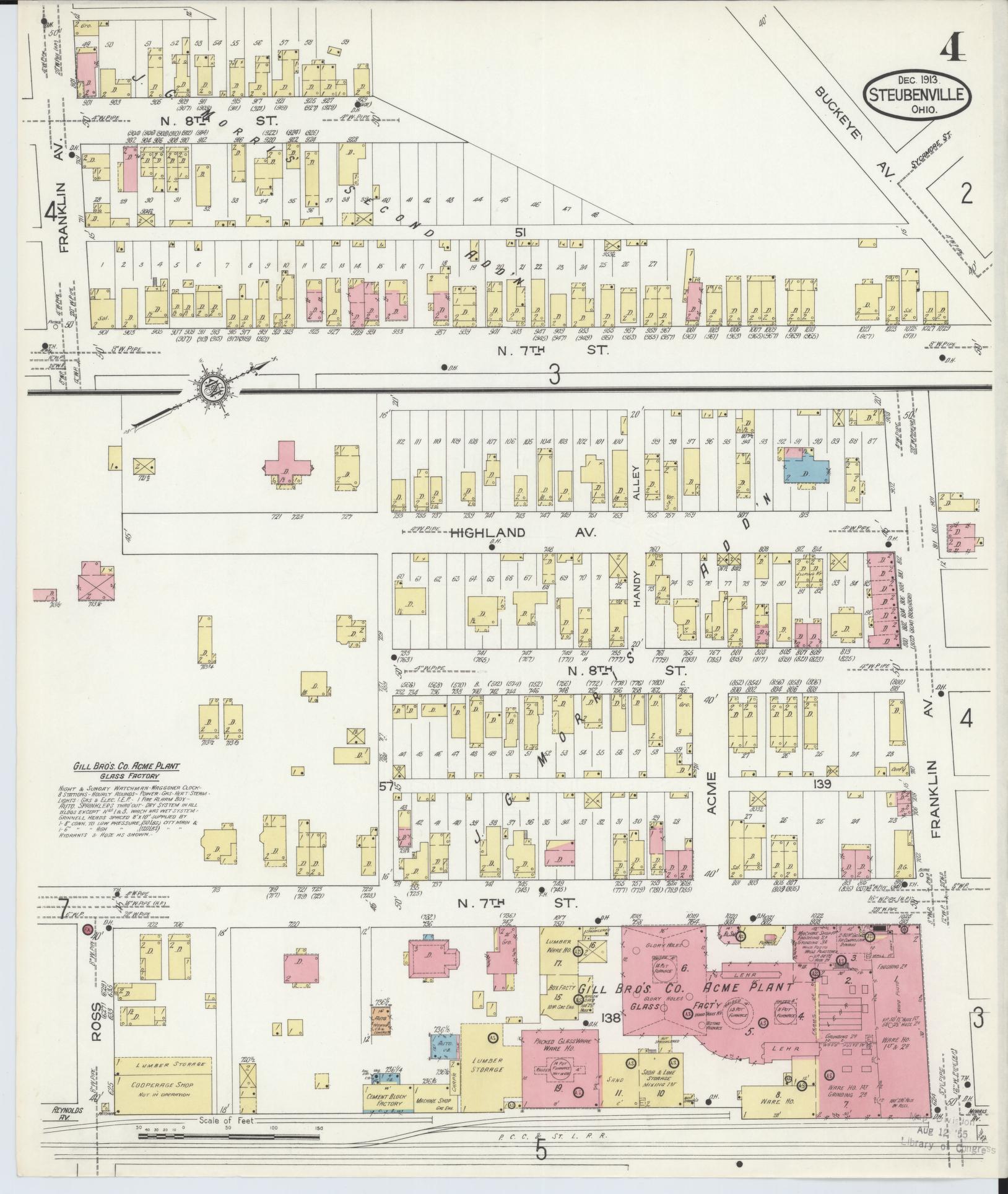 Sanborn Fire Insurance Map from Steubenville, Jefferson County, Ohio (1913), Sheet #0004 - Historic Sanborn Fire Insurance Map Print, vintage old map wall art, antique decor, genealogy gift, Ohio Ohio map