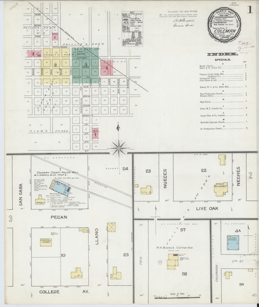 Sanborn Fire Insurance Map from Coleman, Coleman County, Texas (1893), Sheet #0001 - Complete Map Set gallery image, historic Sanborn map, vintage wall art, Texas Texas