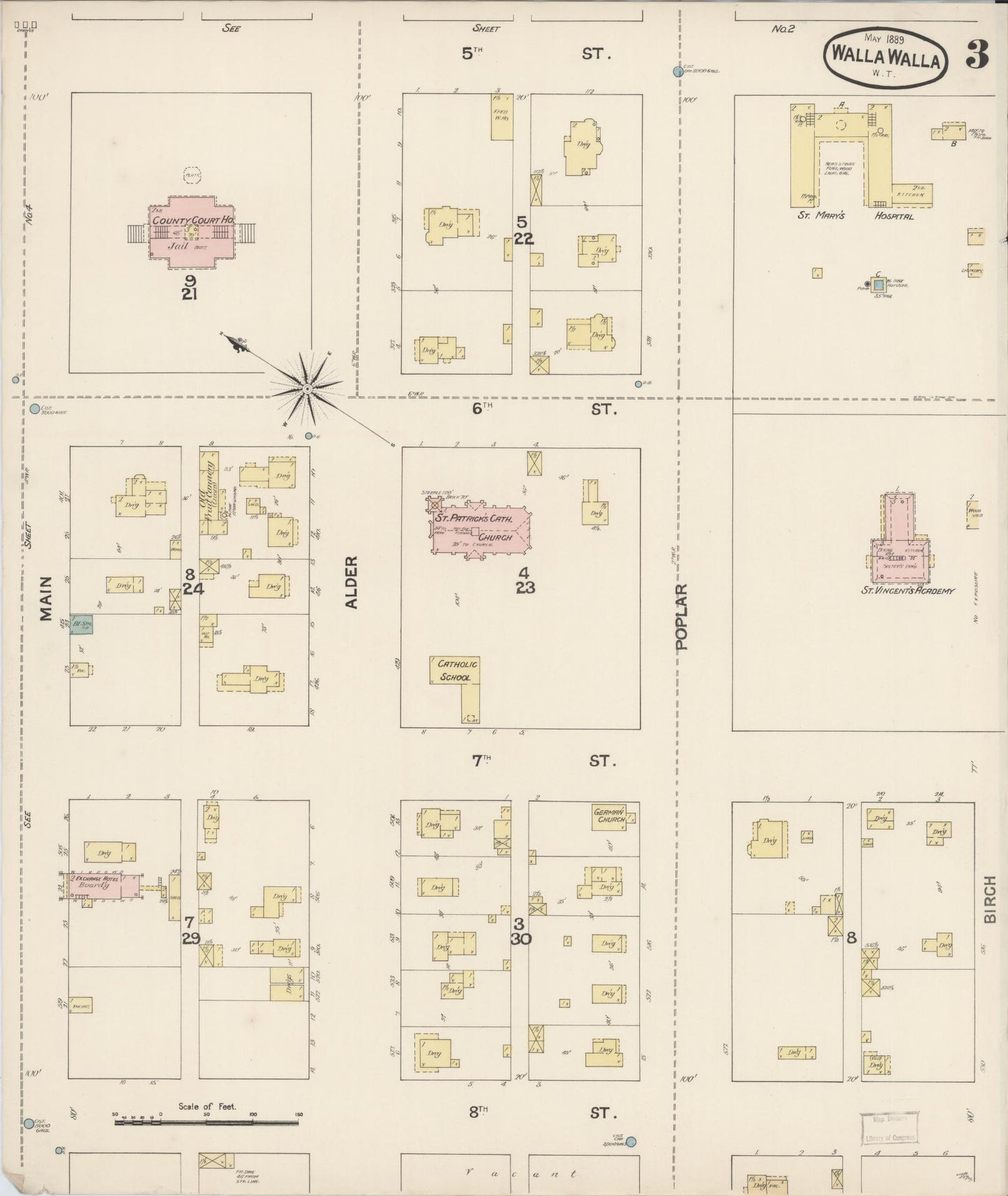 Sanborn Fire Insurance Map from Walla Walla, Walla Walla County, Washington (1889), Sheet #0003 - Complete Map Set gallery image, historic Sanborn map, vintage wall art, Washington Washington