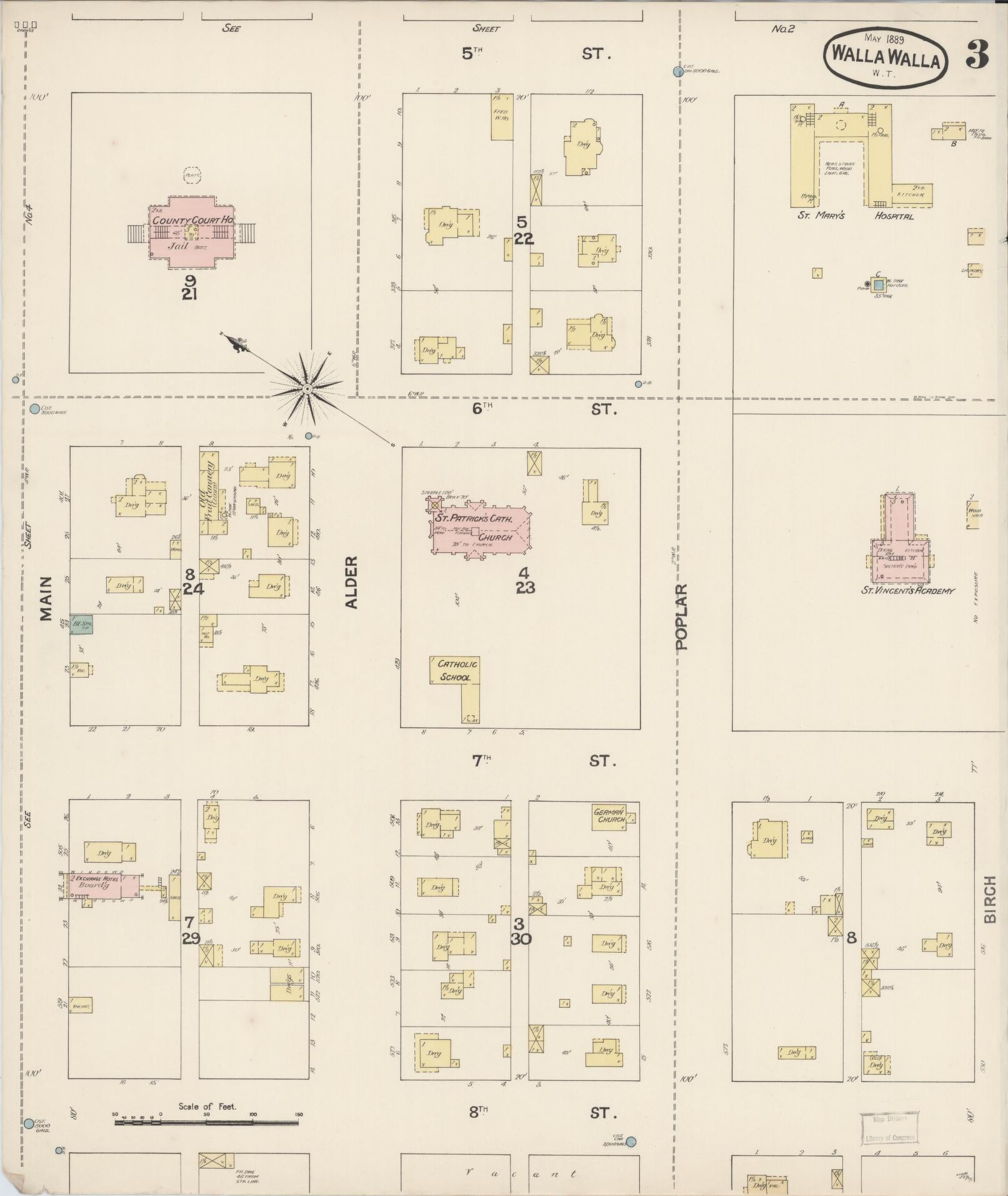 Sanborn Fire Insurance Map from Walla Walla, Walla Walla County, Washington (1889), Sheet #0003 - Complete Map Set gallery image, historic Sanborn map, vintage wall art, Washington Washington
