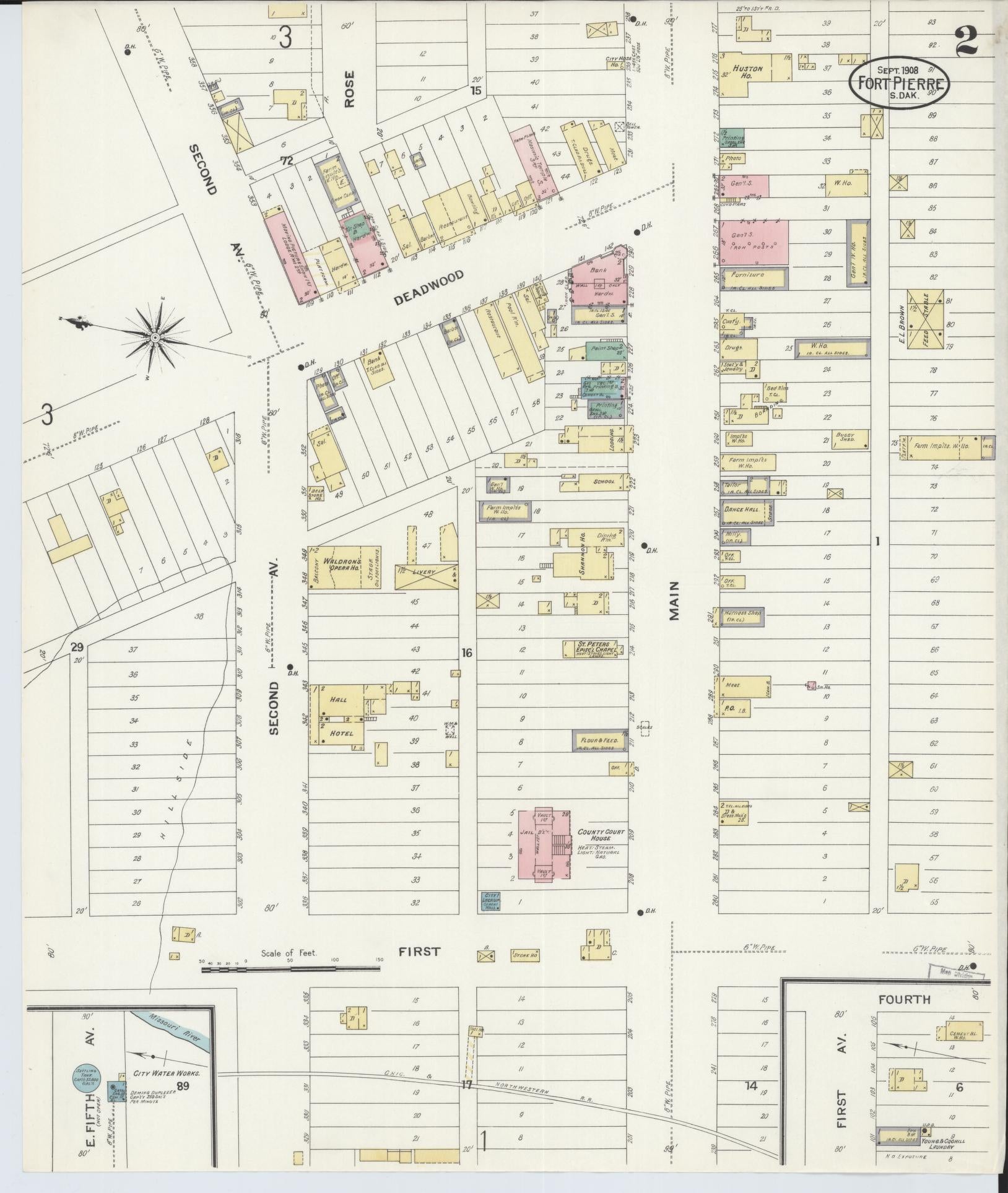 Sanborn Fire Insurance Map from Fort Pierre, Stanley County, South Dakota (1908), Sheet #0002 - Historic Sanborn Fire Insurance Map Print, vintage old map wall art, antique decor, genealogy gift, South Dakota South Dakota map