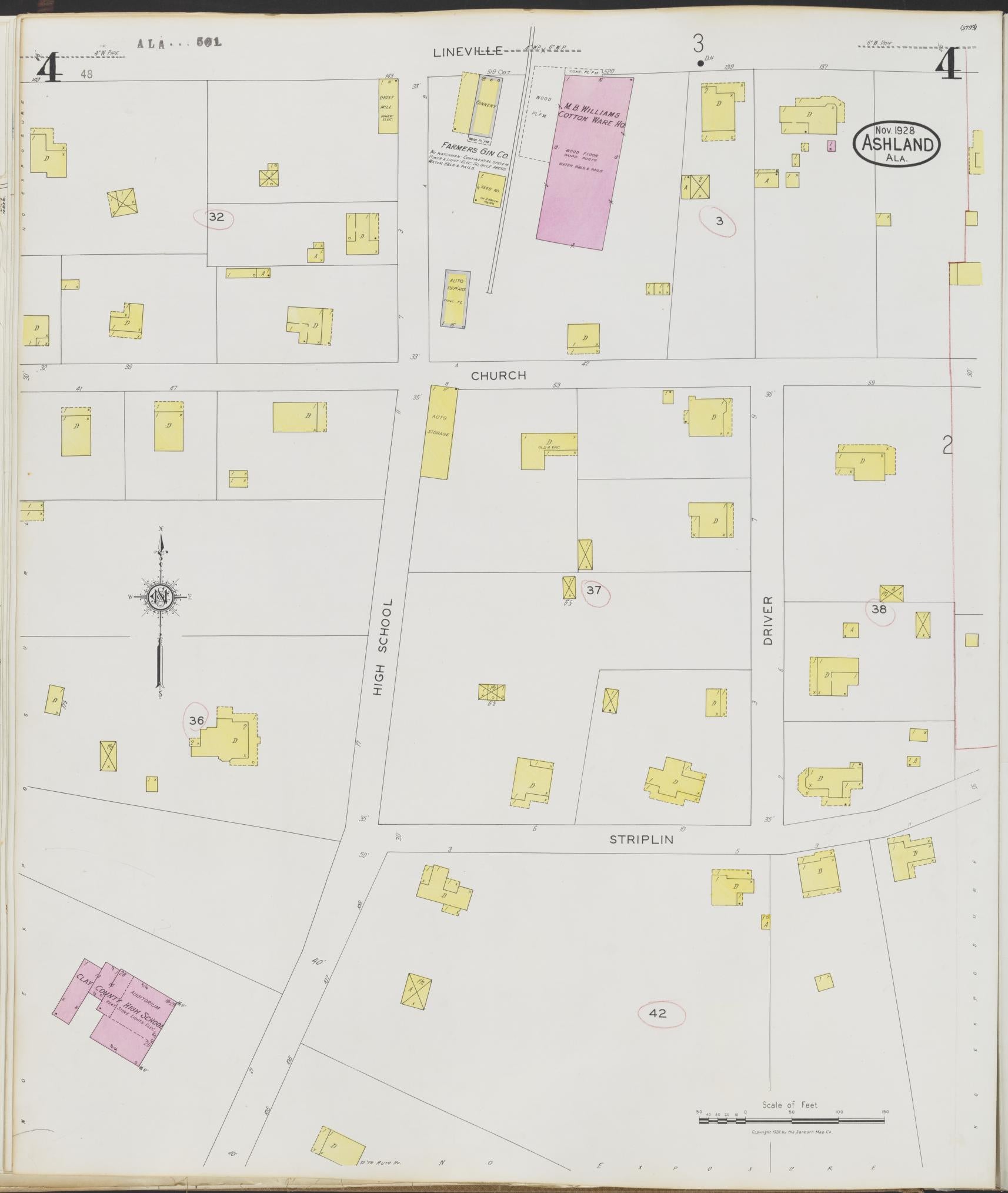 Sanborn Fire Insurance Map from Ashland, Clay County, Alabama (1928), Sheet #0004 - Complete Map Set gallery image, historic Sanborn map, vintage wall art, Alabama Alabama