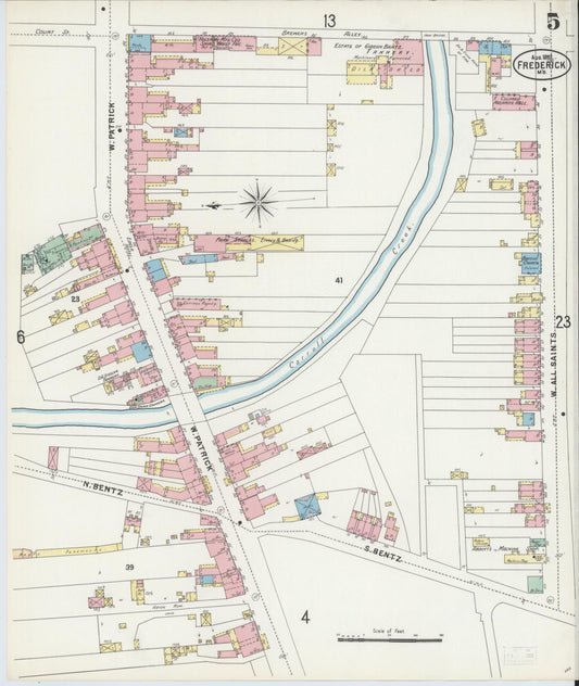 Frederick, Maryland - 1897 - Sanborn Fire Insurance Map, Sheet #0005 - Historic Sanborn Fire Insurance Map Print, Frederick Maryland 1897 0005 vintage old map wall art