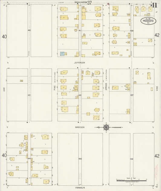 Sanborn Fire Insurance Map from Modesto, Stanislaus County, California (1919), Sheet #0041 - Historic Sanborn Fire Insurance Map Print, vintage old map wall art, antique decor, genealogy gift, California California map