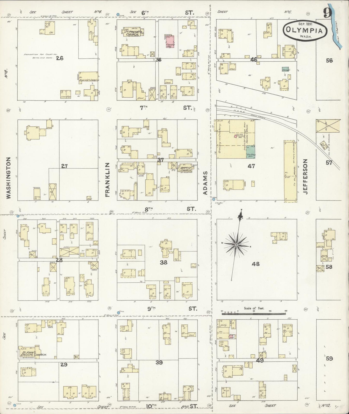 Sanborn Fire Insurance Map from Olympia, Thurston County, Washington (1891), Sheet #0009 - Complete Map Set gallery image, historic Sanborn map, vintage wall art, Washington Washington