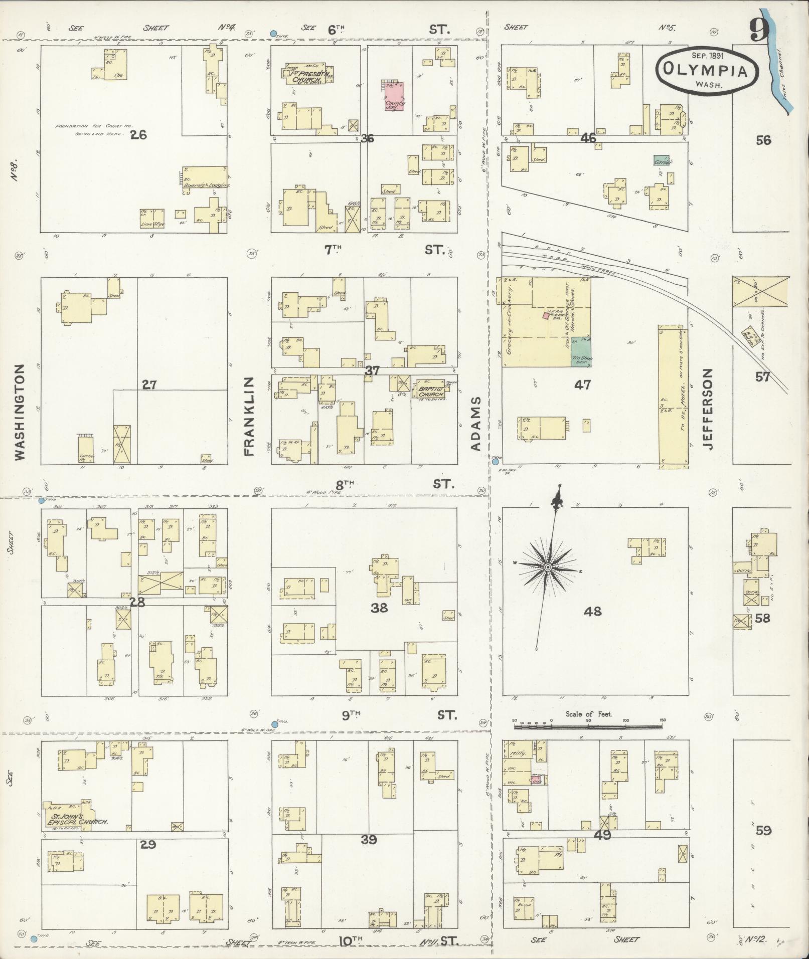 Sanborn Fire Insurance Map from Olympia, Thurston County, Washington (1891), Sheet #0009 - Complete Map Set gallery image, historic Sanborn map, vintage wall art, Washington Washington