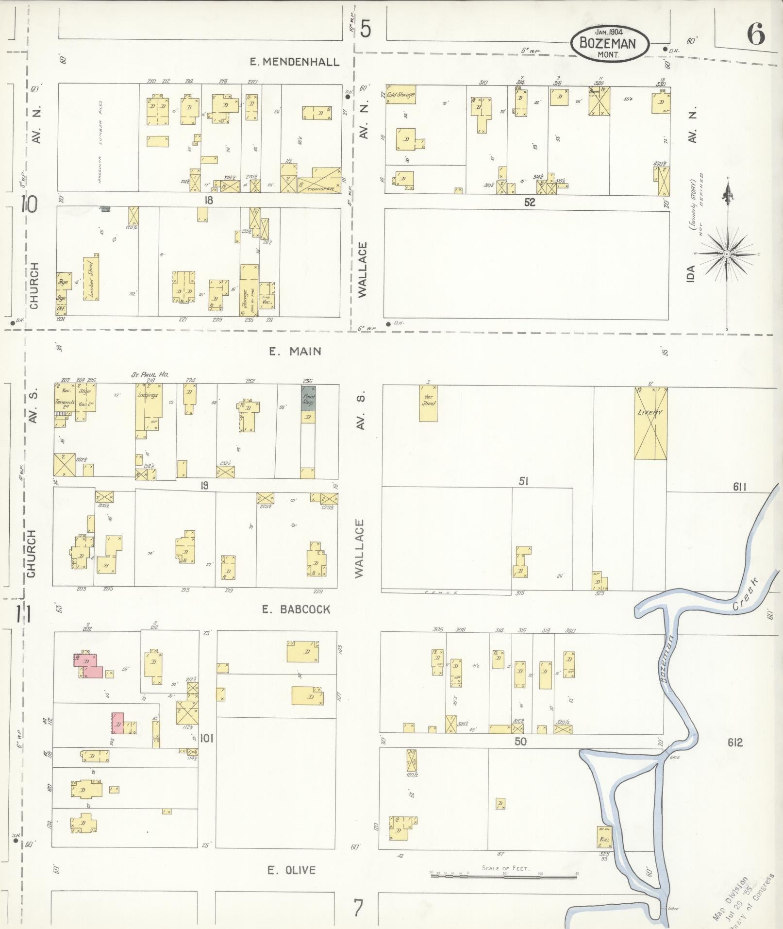 Sanborn Fire Insurance Map from Bozeman, Gallatin County, Montana (1904), Sheet #0006 - Historic Sanborn Fire Insurance Map Print, vintage old map wall art, antique decor, genealogy gift, Montana Montana map