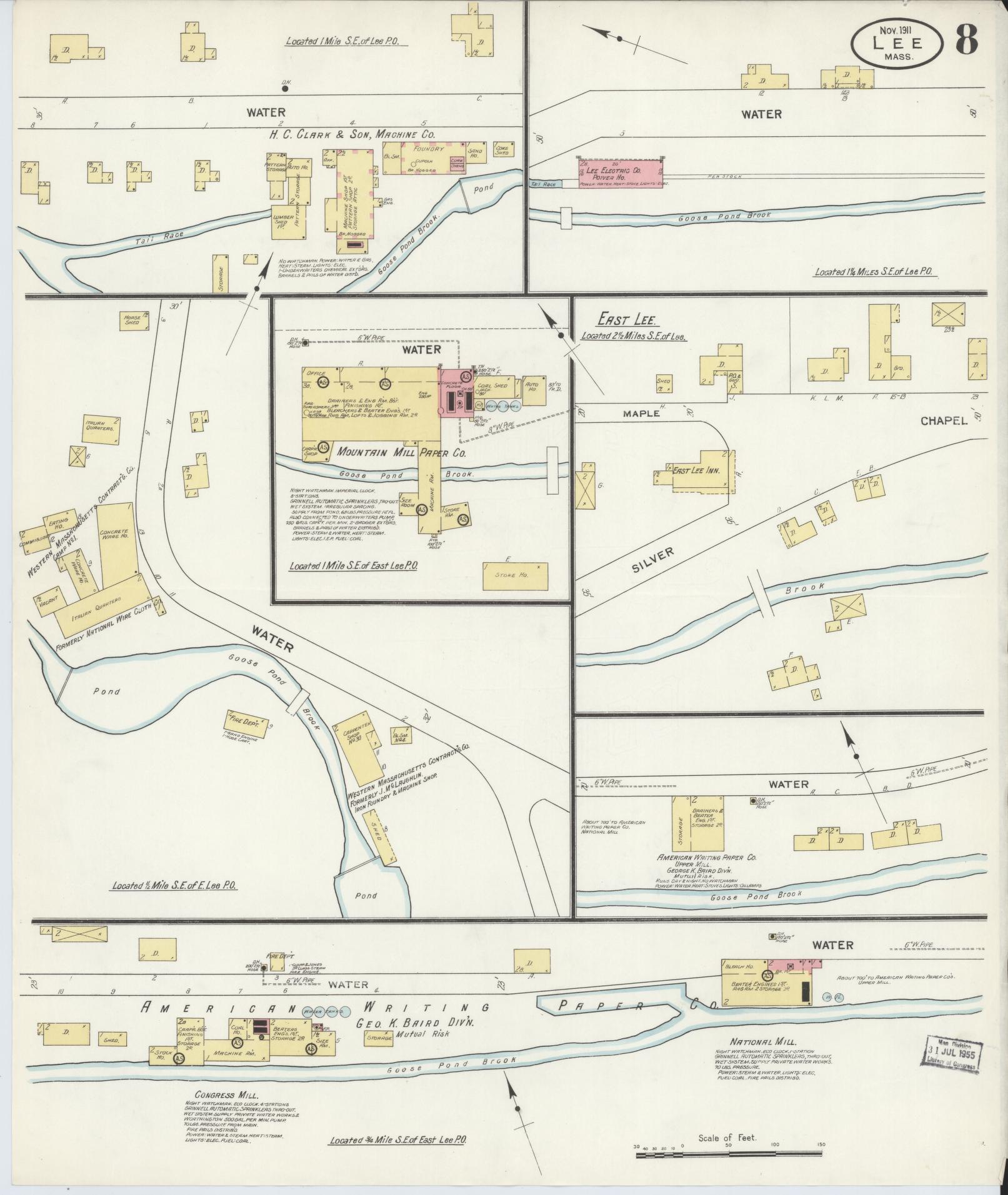 Sanborn Fire Insurance Map from Lee, Berkshire County, Massachusetts (1911), Sheet #0008 - Historic Sanborn Fire Insurance Map Print, vintage old map wall art, antique decor, genealogy gift, Massachusetts Massachusetts map