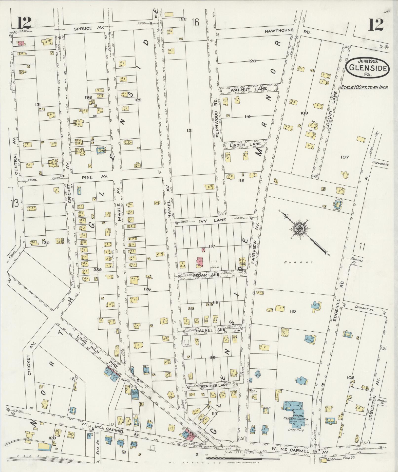 Sanborn Fire Insurance Map from Glenside, Montgomery County, Pennsylvania (1925), Sheet #0012 - Historic Sanborn Fire Insurance Map Print, vintage old map wall art, antique decor, genealogy gift, Pennsylvania Pennsylvania map