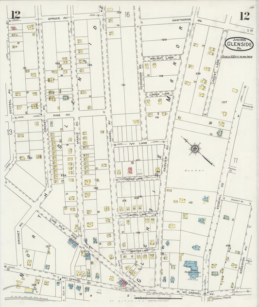 Sanborn Fire Insurance Map from Glenside, Montgomery County, Pennsylvania (1925), Sheet #0012 - Historic Sanborn Fire Insurance Map Print, vintage old map wall art, antique decor, genealogy gift, Pennsylvania Pennsylvania map