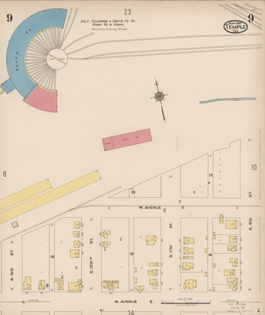 Sanborn Fire Insurance Map from Temple, Bell County, Texas (1922), Sheet #0009 - Historic Sanborn Fire Insurance Map Print, vintage old map wall art, antique decor, genealogy gift, Texas Texas map