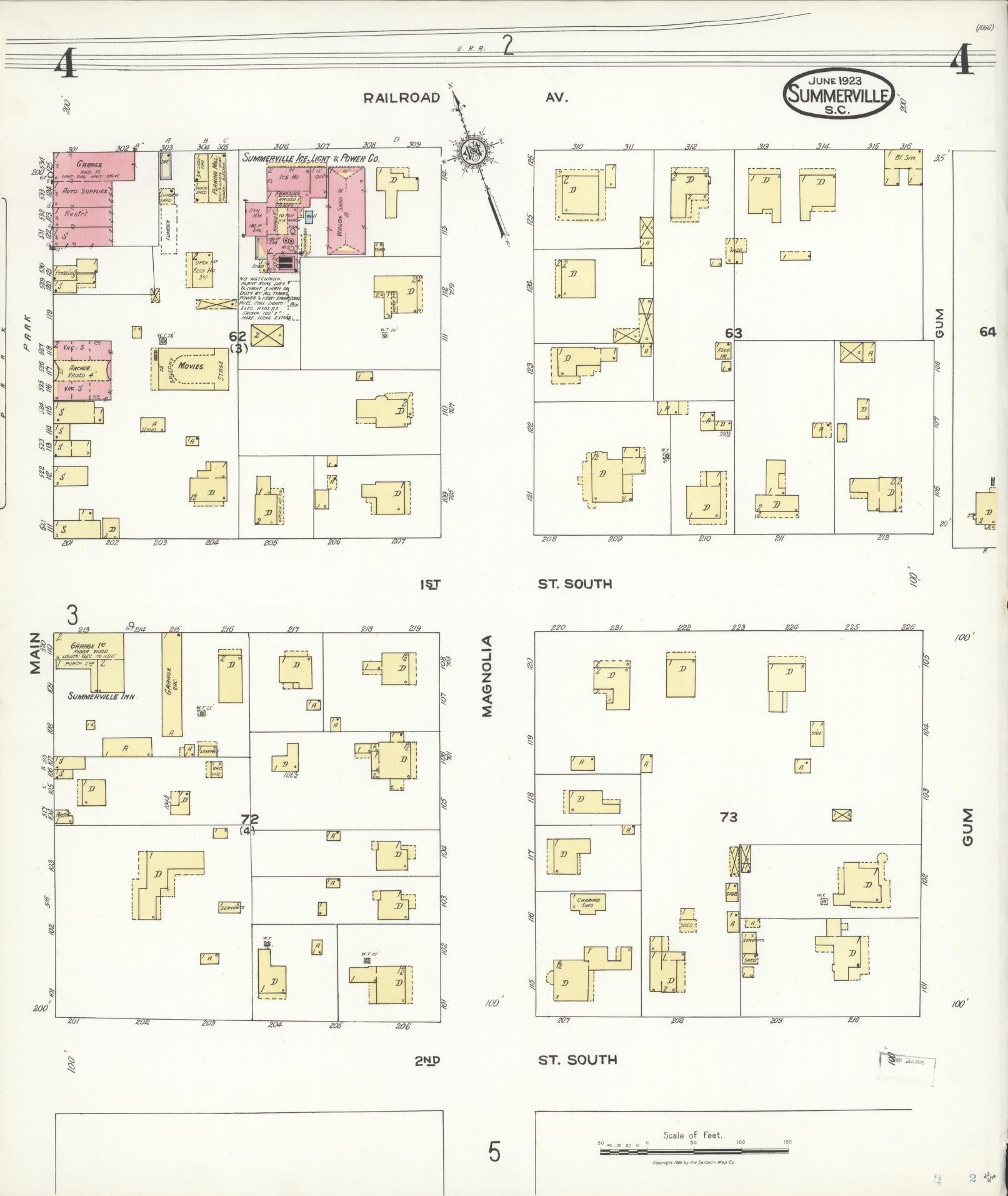 Sanborn Fire Insurance Map from Summerville, Dorchester County, South Carolina (1923), Sheet #0004 - Historic Sanborn Fire Insurance Map Print, vintage old map wall art, antique decor, genealogy gift, South Carolina South Carolina map