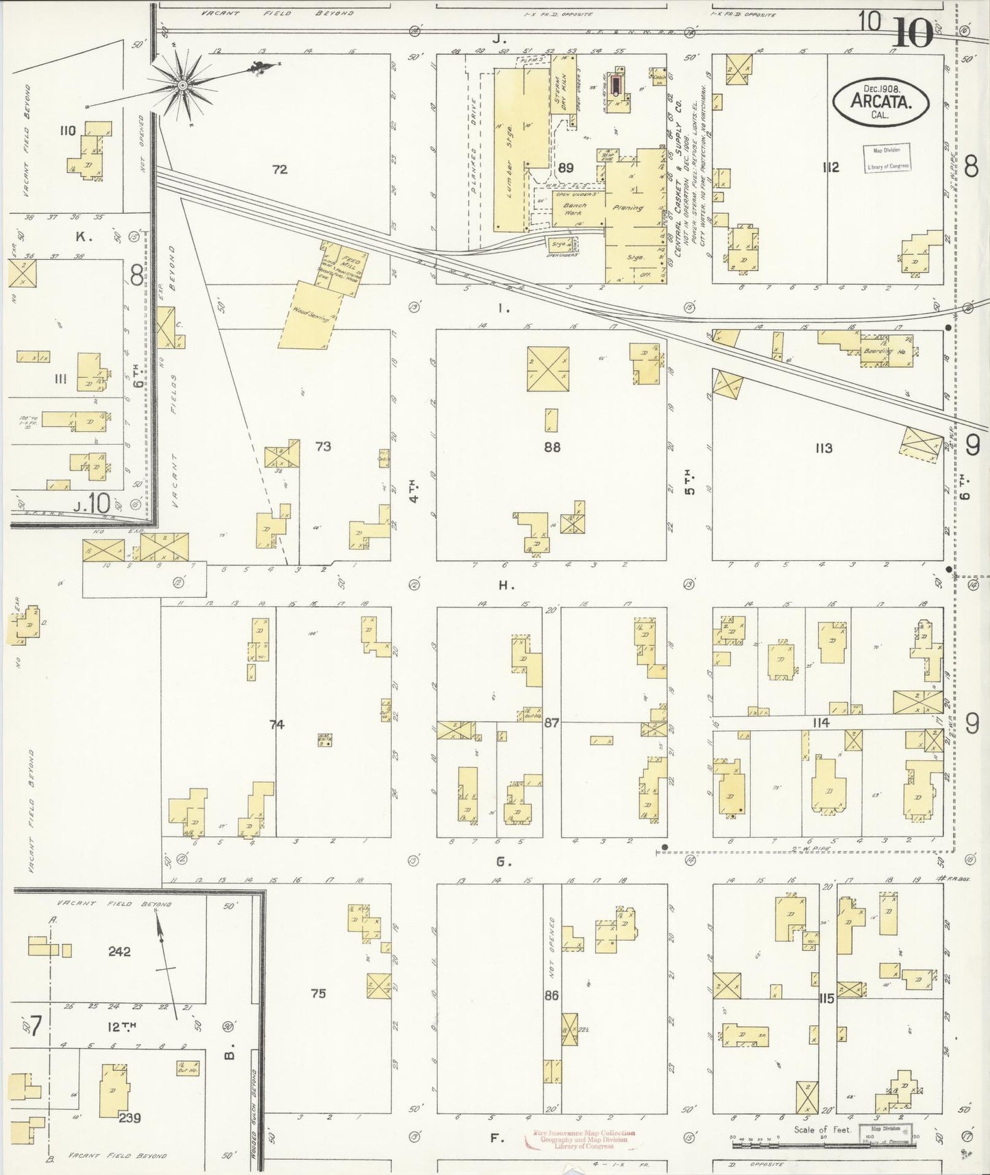 Sanborn Fire Insurance Map from Arcata, Humboldt County, California (1908), Sheet #0010 - Historic Sanborn Fire Insurance Map Print, vintage old map wall art, antique decor, genealogy gift, California California map
