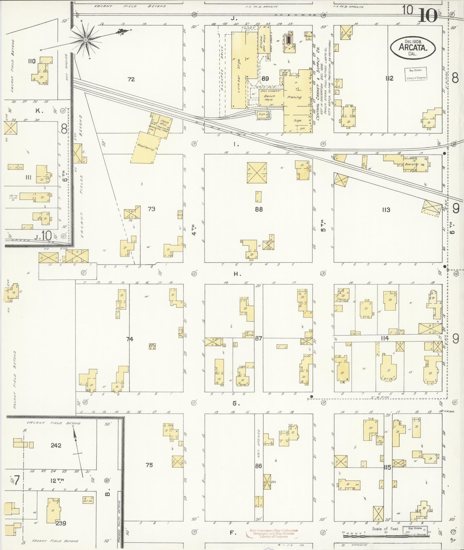 Sanborn Fire Insurance Map from Arcata, Humboldt County, California (1908), Sheet #0010 - Historic Sanborn Fire Insurance Map Print, vintage old map wall art, antique decor, genealogy gift, California California map