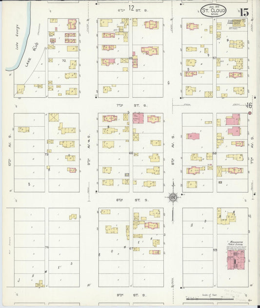 Sanborn Fire Insurance Map from Saint Cloud, Stearns, Benton, and Sherburne Counties, Minnesota (1913), Sheet #0015 - Historic Sanborn Fire Insurance Map Print, vintage old map wall art, antique decor, genealogy gift, Minnesota Minnesota map