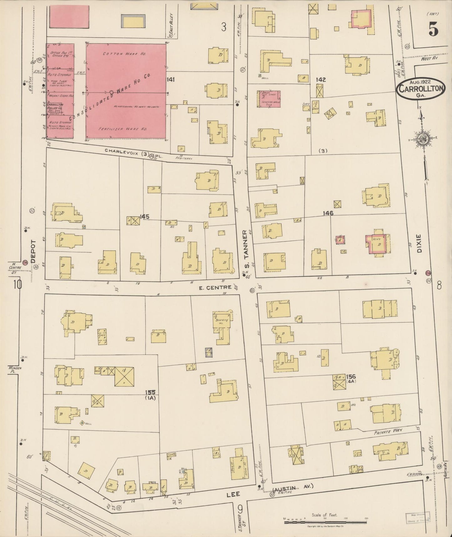 Sanborn Fire Insurance Map from Carrollton, Carroll County, Georgia (1922), Sheet #0005 - Complete Map Set gallery image, historic Sanborn map, vintage wall art, Georgia Georgia