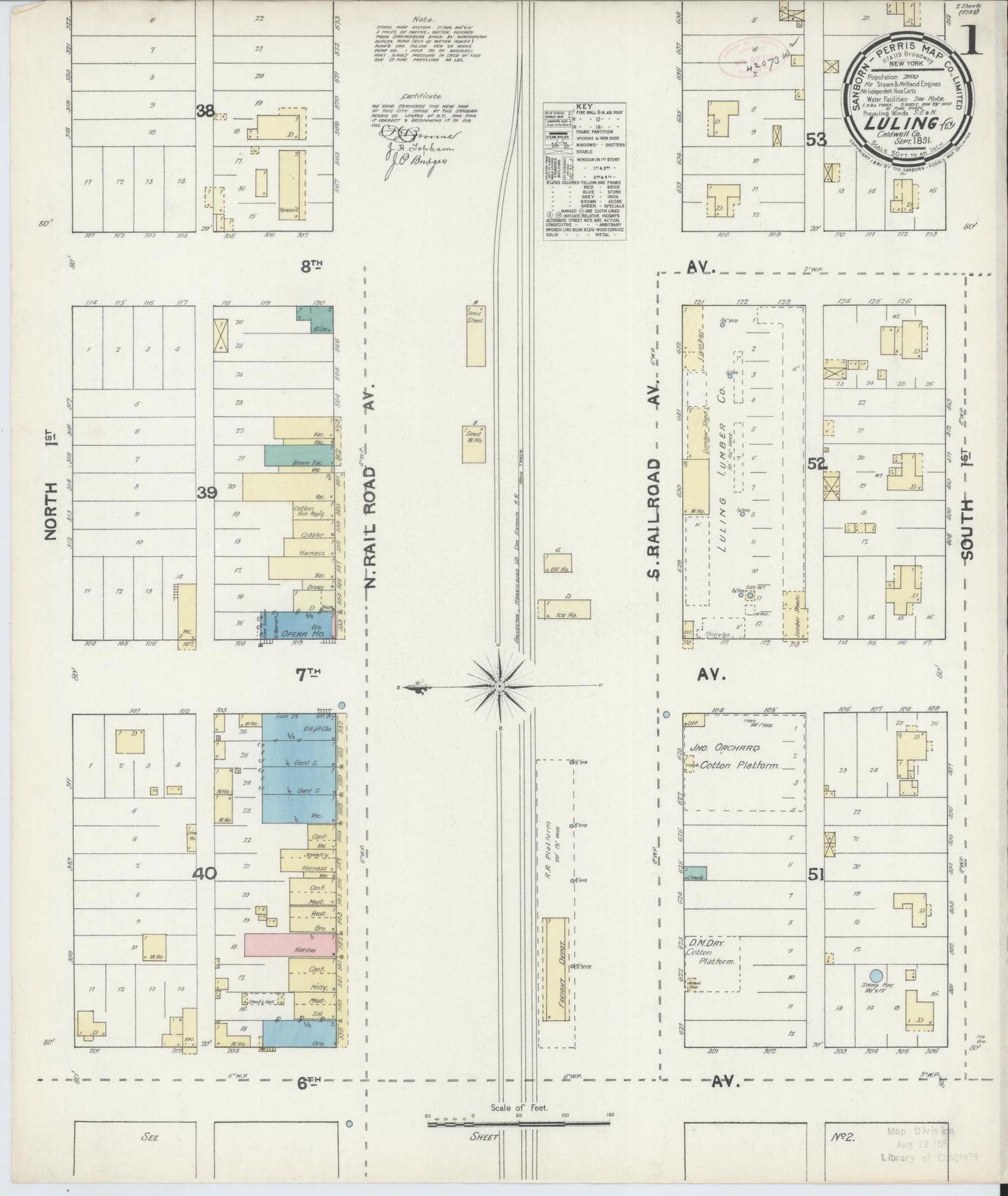 Sanborn Fire Insurance Map from Luling, Caldwell County, Texas (1891), Sheet #0001 - Historic Sanborn Fire Insurance Map Print, vintage old map wall art, antique decor, genealogy gift, Texas Texas map