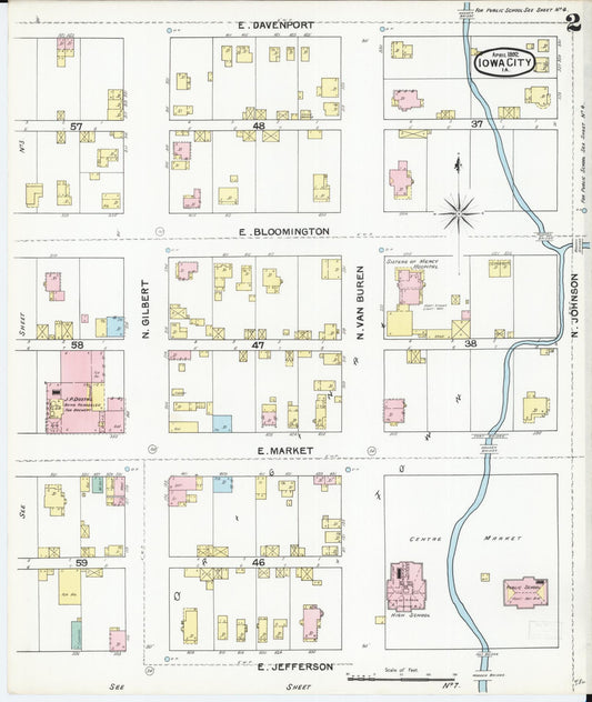 Sanborn Fire Insurance Map from Iowa City, Johnson County, Iowa (1892), Sheet #0002 - Historic Sanborn Fire Insurance Map Print, vintage old map wall art
