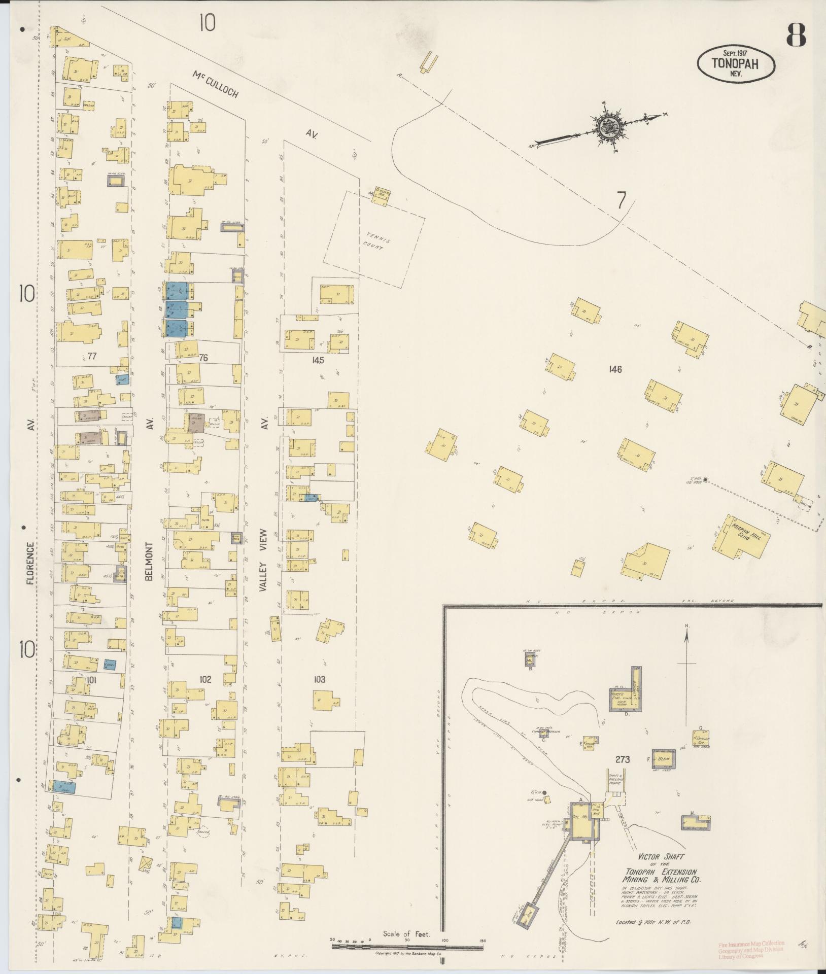 Sanborn Fire Insurance Map from Tonopah, Nye County, Nevada (1917), Sheet #0008 - Historic Sanborn Fire Insurance Map Print, vintage old map wall art, antique decor, genealogy gift, Nevada Nevada map