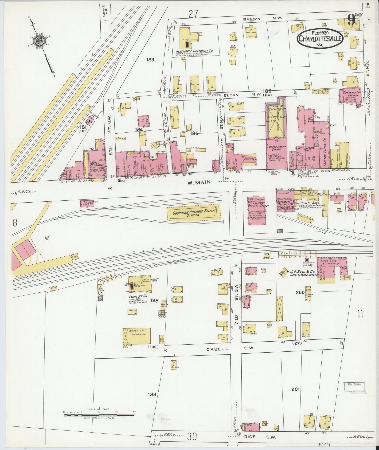 Sanborn Fire Insurance Map from Charlottesville, Independent Cities, Virginia (1920), Sheet #0009 - Complete Map Set gallery image, historic Sanborn map, vintage wall art, Virginia Virginia