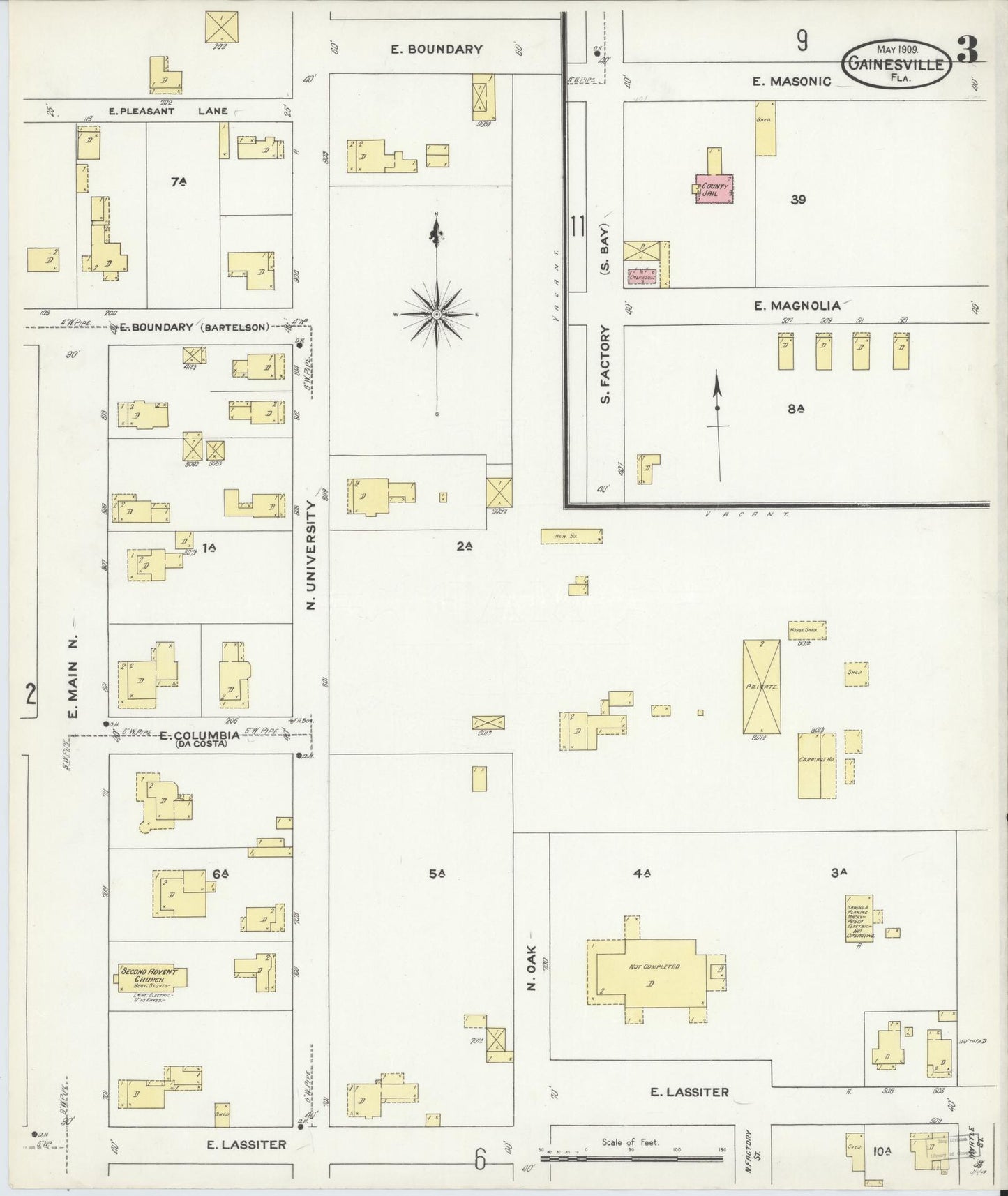 Sanborn Fire Insurance Map from Gainesville, Alachua County, Florida (1909), Sheet #0003 - Complete Map Set gallery image, historic Sanborn map, vintage wall art, Florida Florida