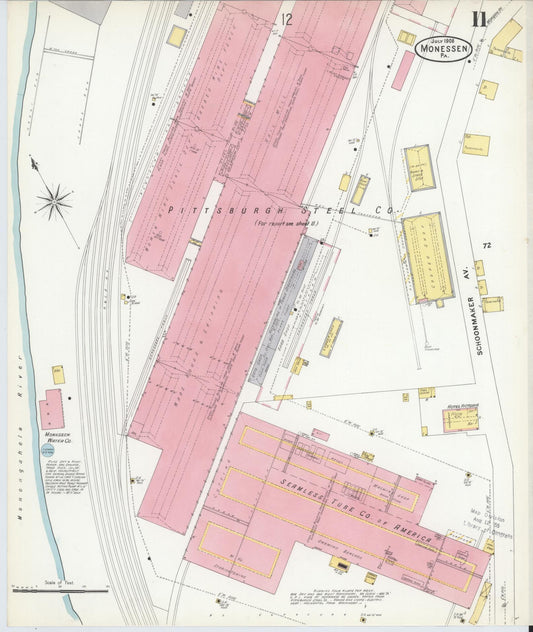 Sanborn Fire Insurance Map from Monessen, Westmoreland County, Pennsylvania (1908), Sheet #0011 - Historic Sanborn Fire Insurance Map Print, vintage old map wall art, antique decor, genealogy gift, Pennsylvania Pennsylvania map