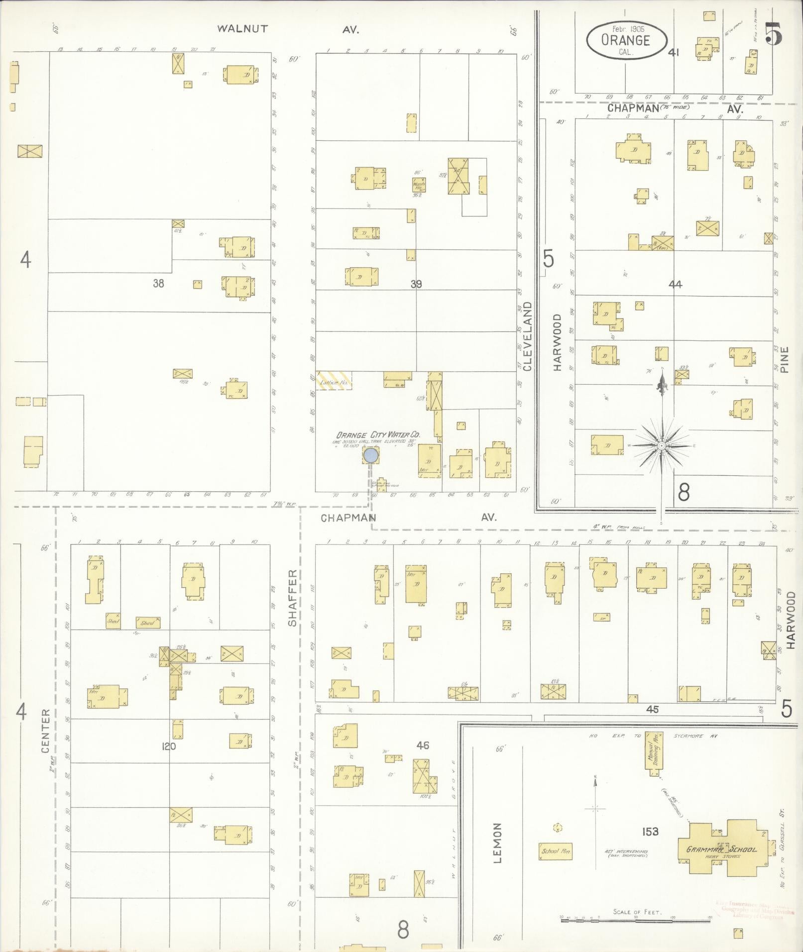 Sanborn Fire Insurance Map from Orange, Orange County, California (1905), Sheet #0005 - Complete Map Set gallery image, historic Sanborn map, vintage wall art, California California