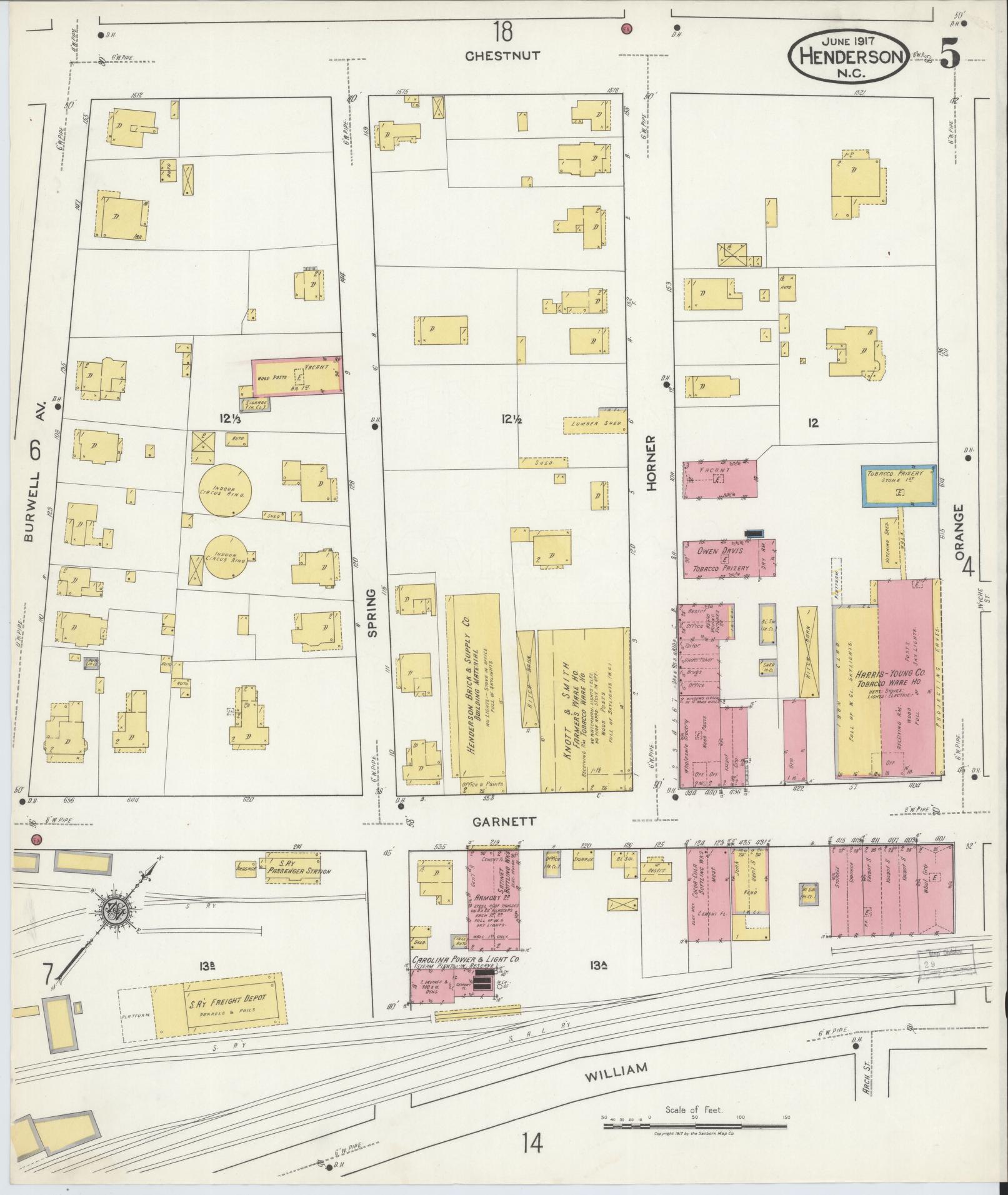 Sanborn Fire Insurance Map from Henderson, Vance County, North Carolina (1917), Sheet #0005 - Complete Map Set gallery image, historic Sanborn map, vintage wall art, North Carolina North Carolina