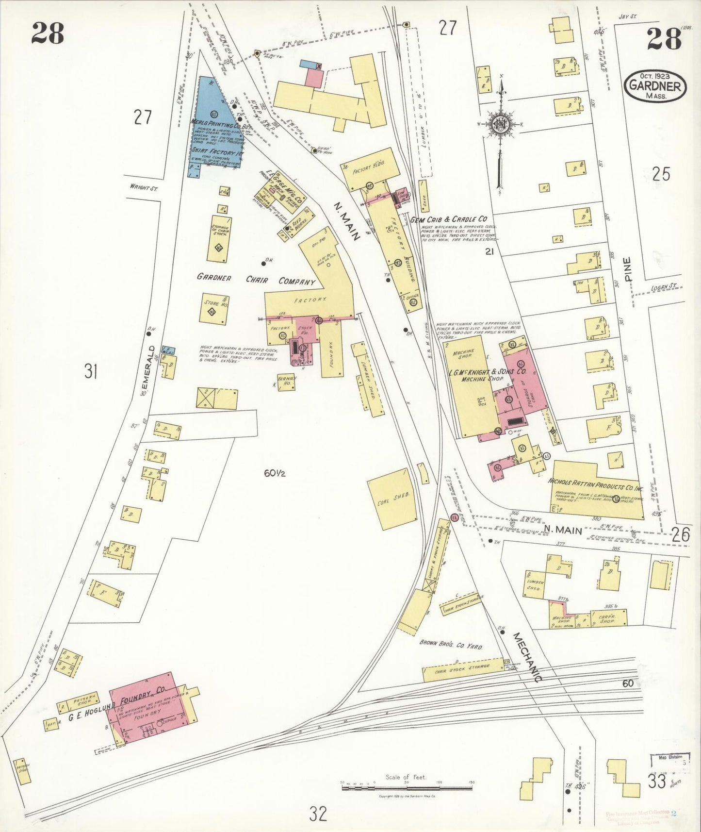 Sanborn Fire Insurance Map from Gardner, Worcester County, Massachusetts (1923), Sheet #0028 - Historic Sanborn Fire Insurance Map Print, vintage old map wall art, antique decor, genealogy gift, Massachusetts Massachusetts map