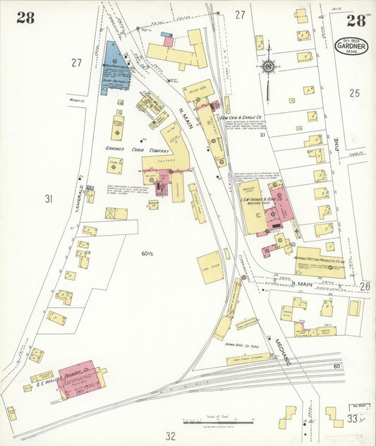 Sanborn Fire Insurance Map from Gardner, Worcester County, Massachusetts (1923), Sheet #0028 - Historic Sanborn Fire Insurance Map Print, vintage old map wall art, antique decor, genealogy gift, Massachusetts Massachusetts map