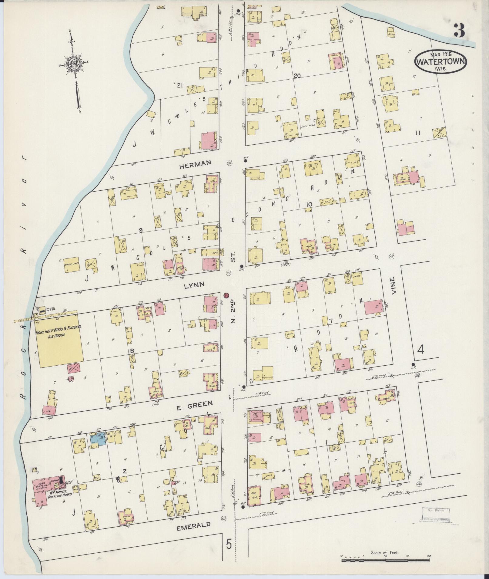 Sanborn Fire Insurance Map from Watertown, Jefferson County, Wisconsin (1915), Sheet #0004 - Historic Sanborn Fire Insurance Map Print, vintage old map wall art, antique decor, genealogy gift, Wisconsin Wisconsin map