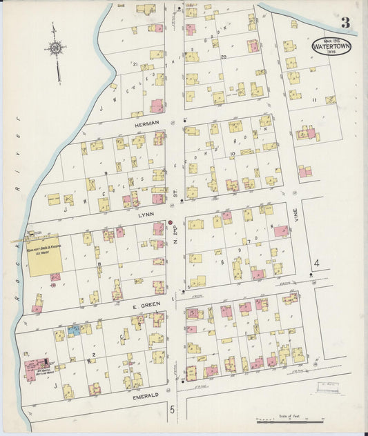 Sanborn Fire Insurance Map from Watertown, Jefferson County, Wisconsin (1915), Sheet #0004 - Historic Sanborn Fire Insurance Map Print, vintage old map wall art, antique decor, genealogy gift, Wisconsin Wisconsin map